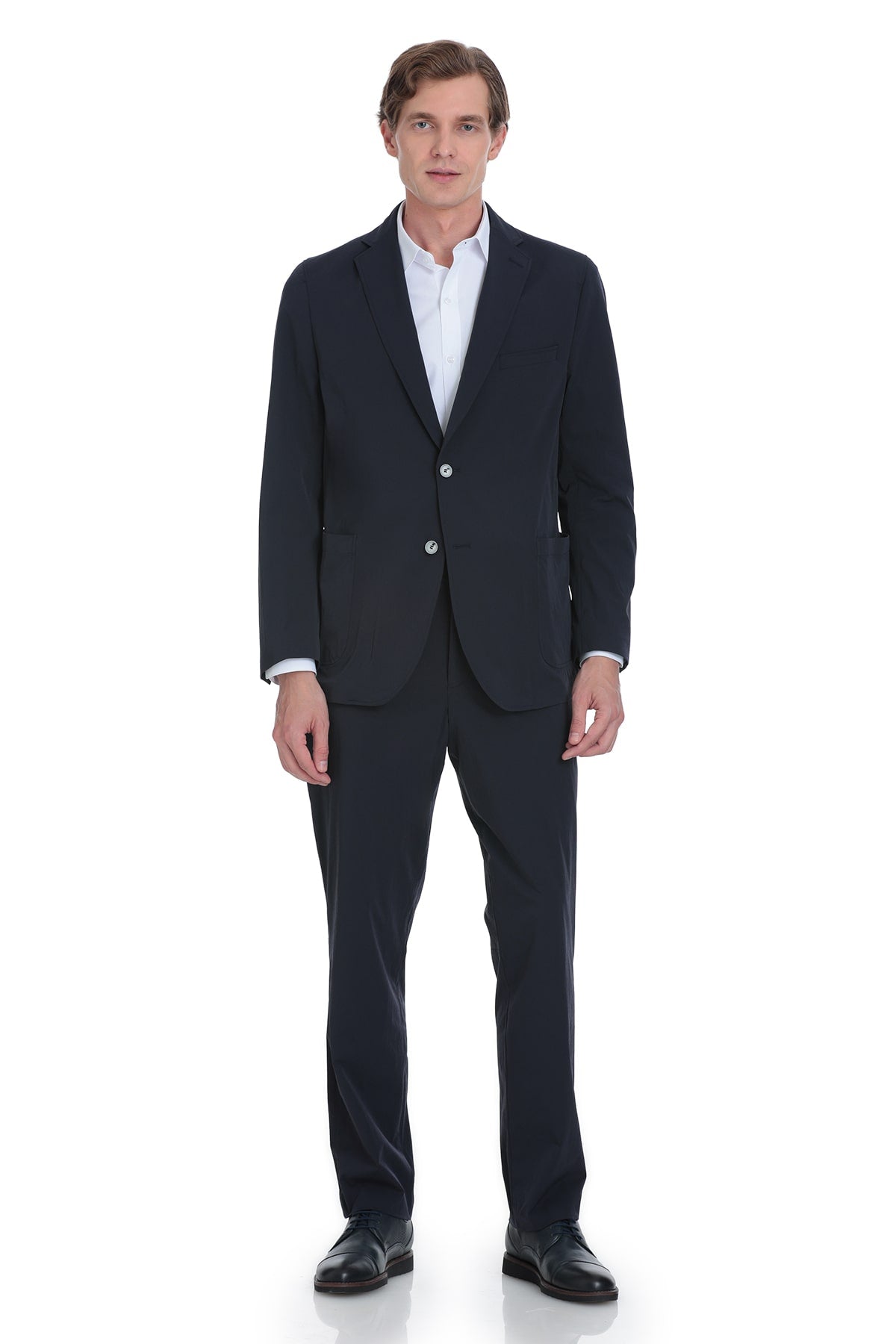 A navy blue wool suit with a single-breasted design and two-button closure.