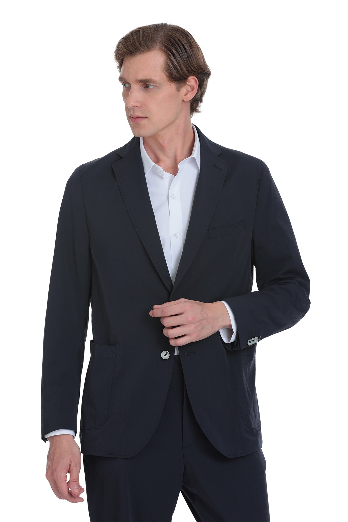 Navy blue tailored blazer with notched lapels and single-breasted design