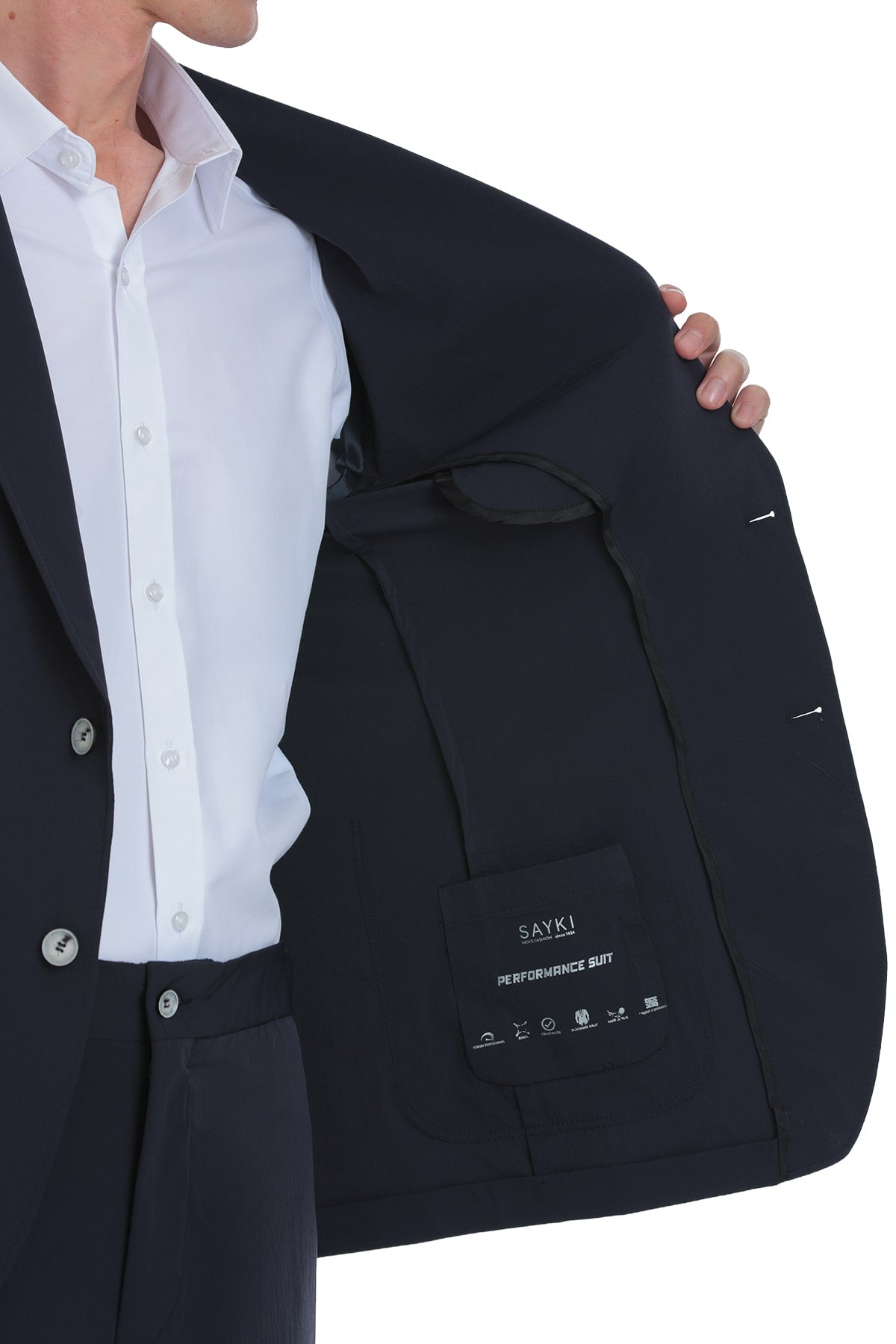 Dark navy blue tailored suit jacket with a sleek, structured design and subtle stitching details.