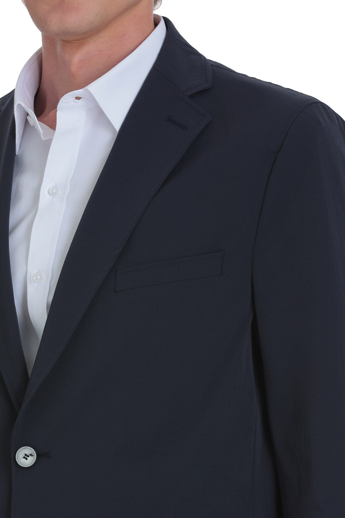 Navy blue tailored blazer with a single button closure and notched lapels