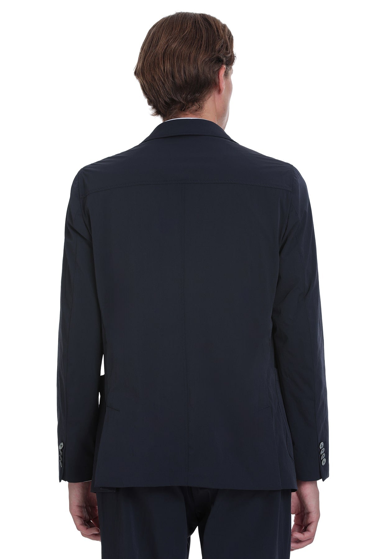 Dark navy blazer with a sleek, tailored fit and subtle button detailing on the cuffs.