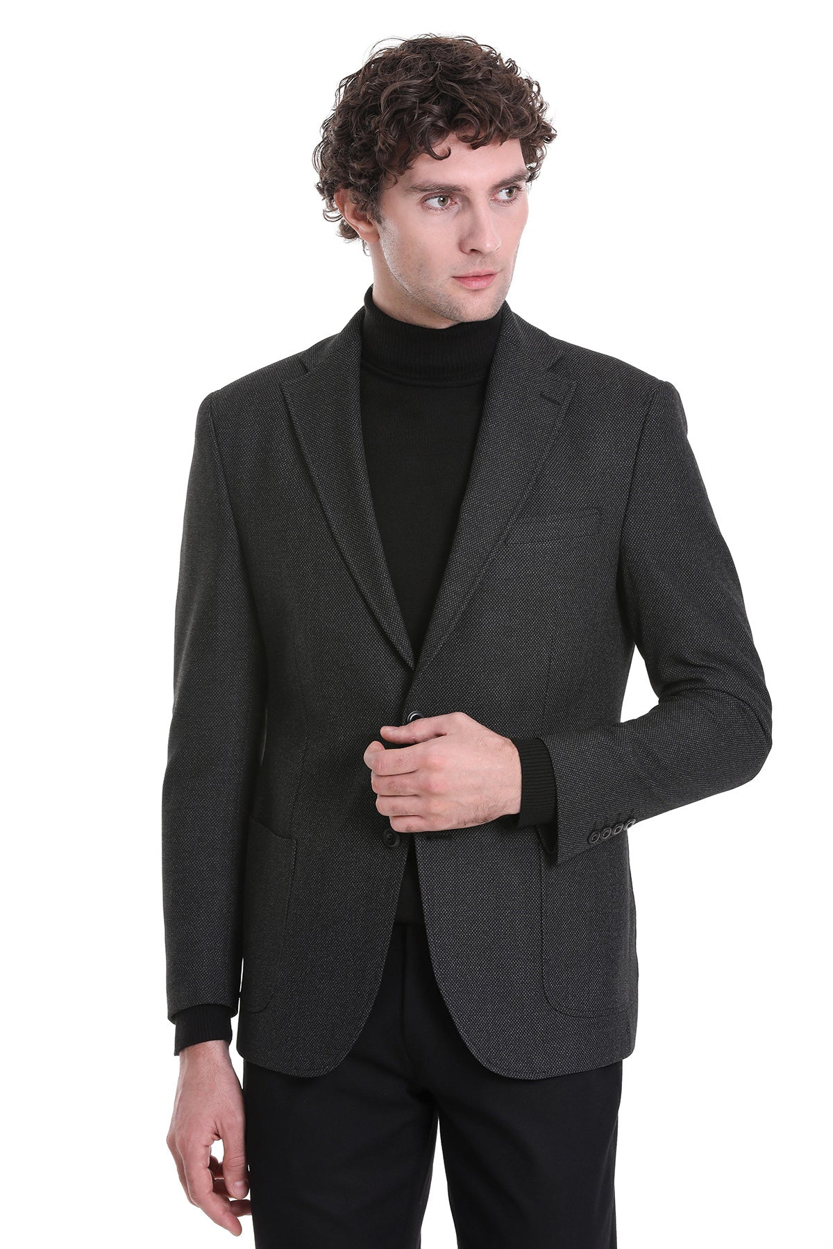 Comfort Fit Notch Lapel Textured Black Classic Blazer