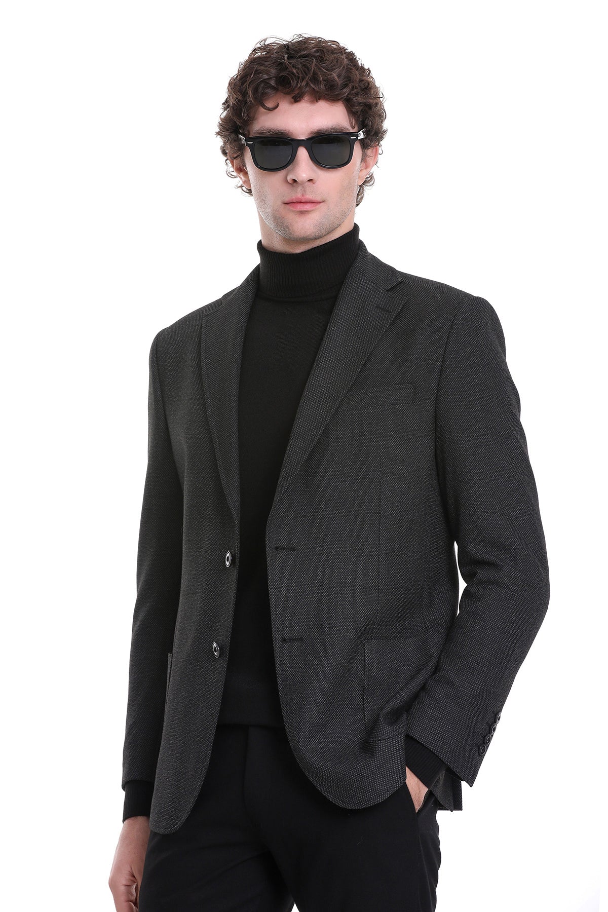 Comfort Fit Notch Lapel Textured Black Classic Blazer