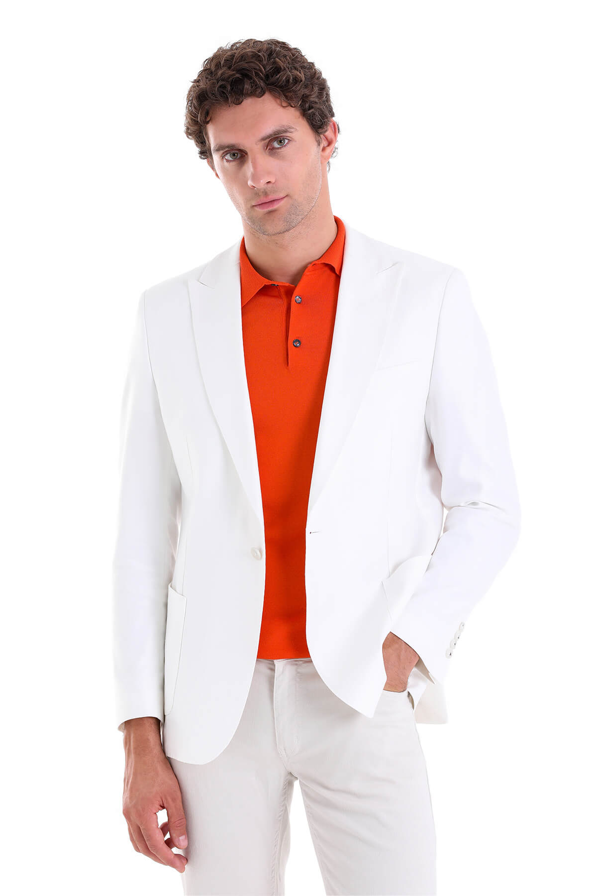 White blazer with a sleek, tailored fit and subtle texture.