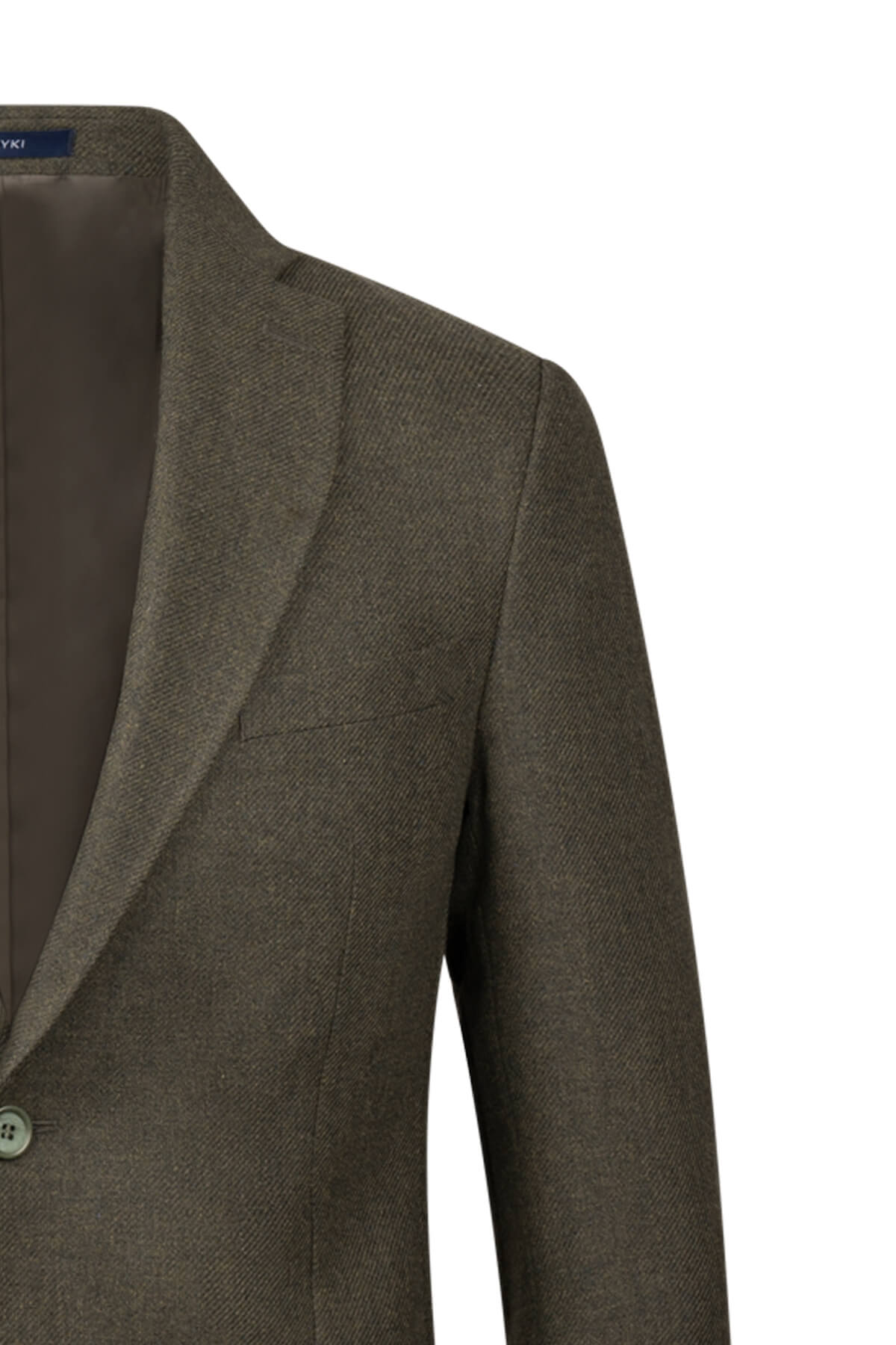 A tailored olive-green blazer with a subtle textured weave and a single button closure.