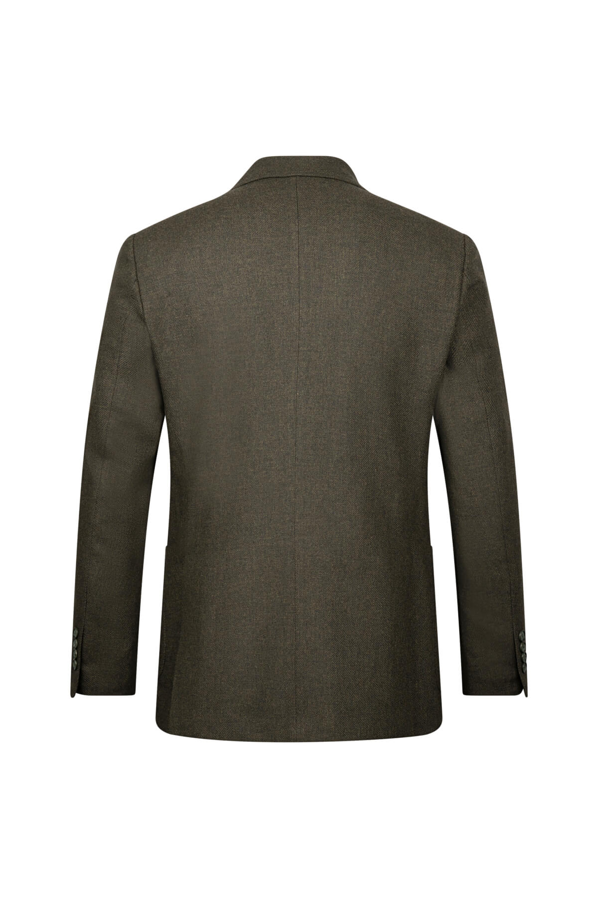 Olive green textured wool blazer with notched lapel and buttoned cuffs.