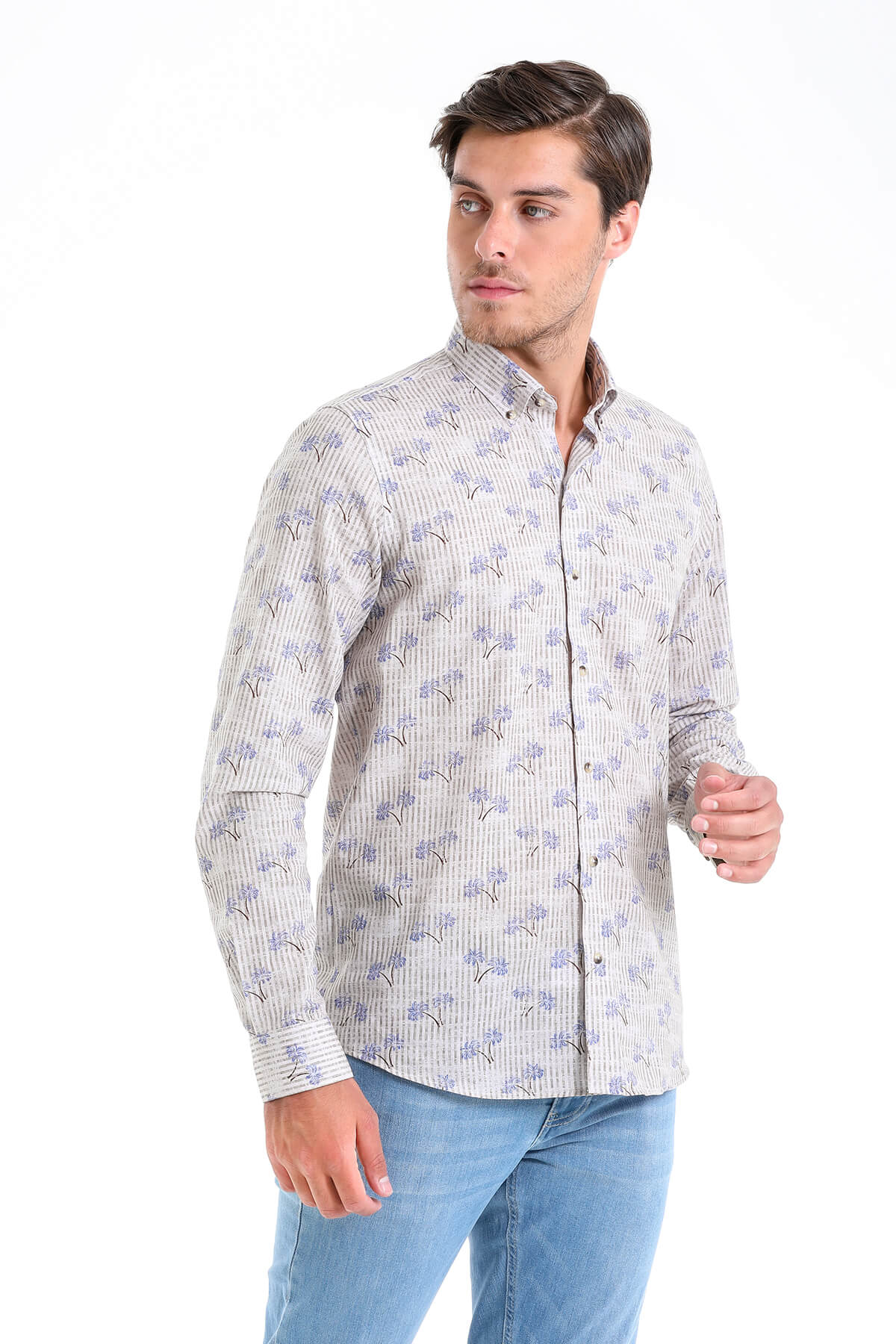 A light gray button-down shirt with a subtle blue floral pattern and fine vertical stripes.