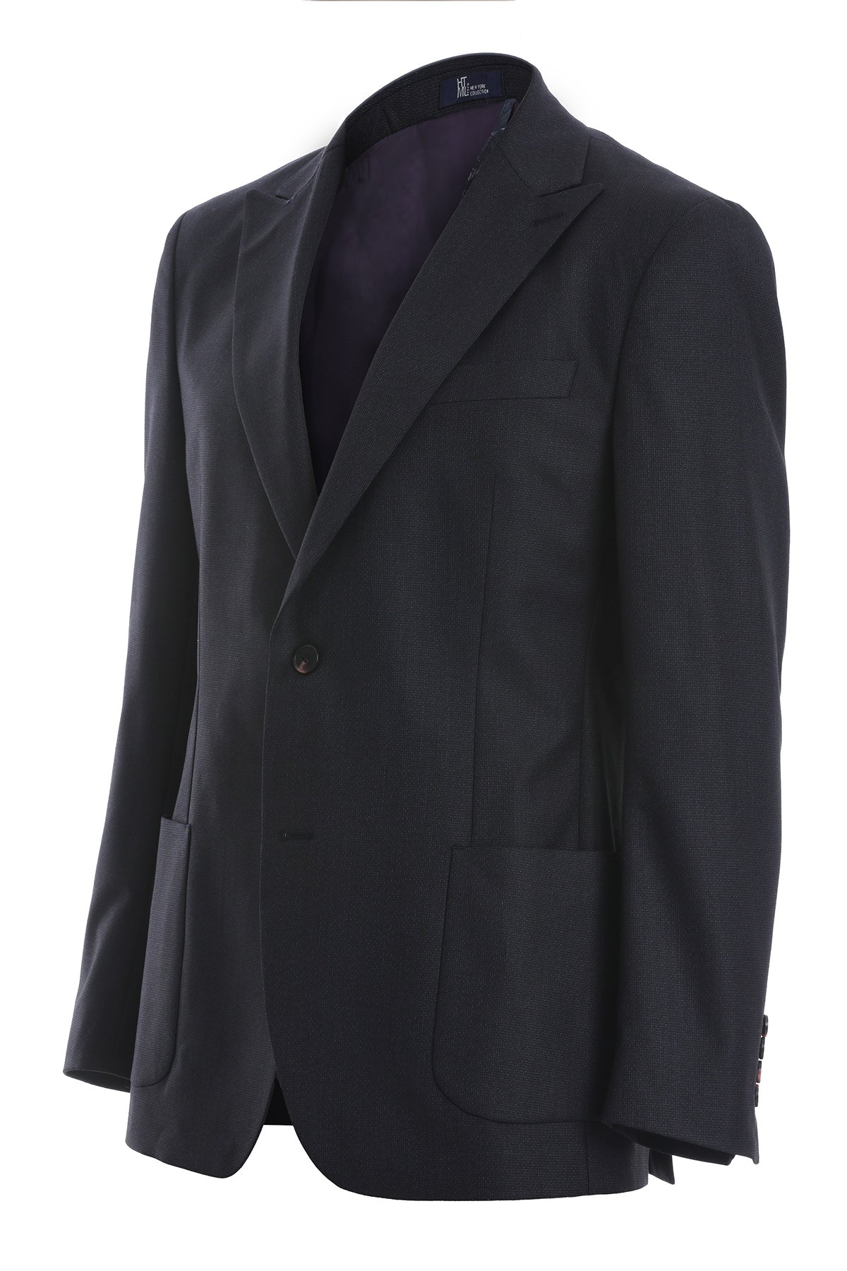 Black tailored blazer with a subtle textured weave and contrasting dark purple inner lining.