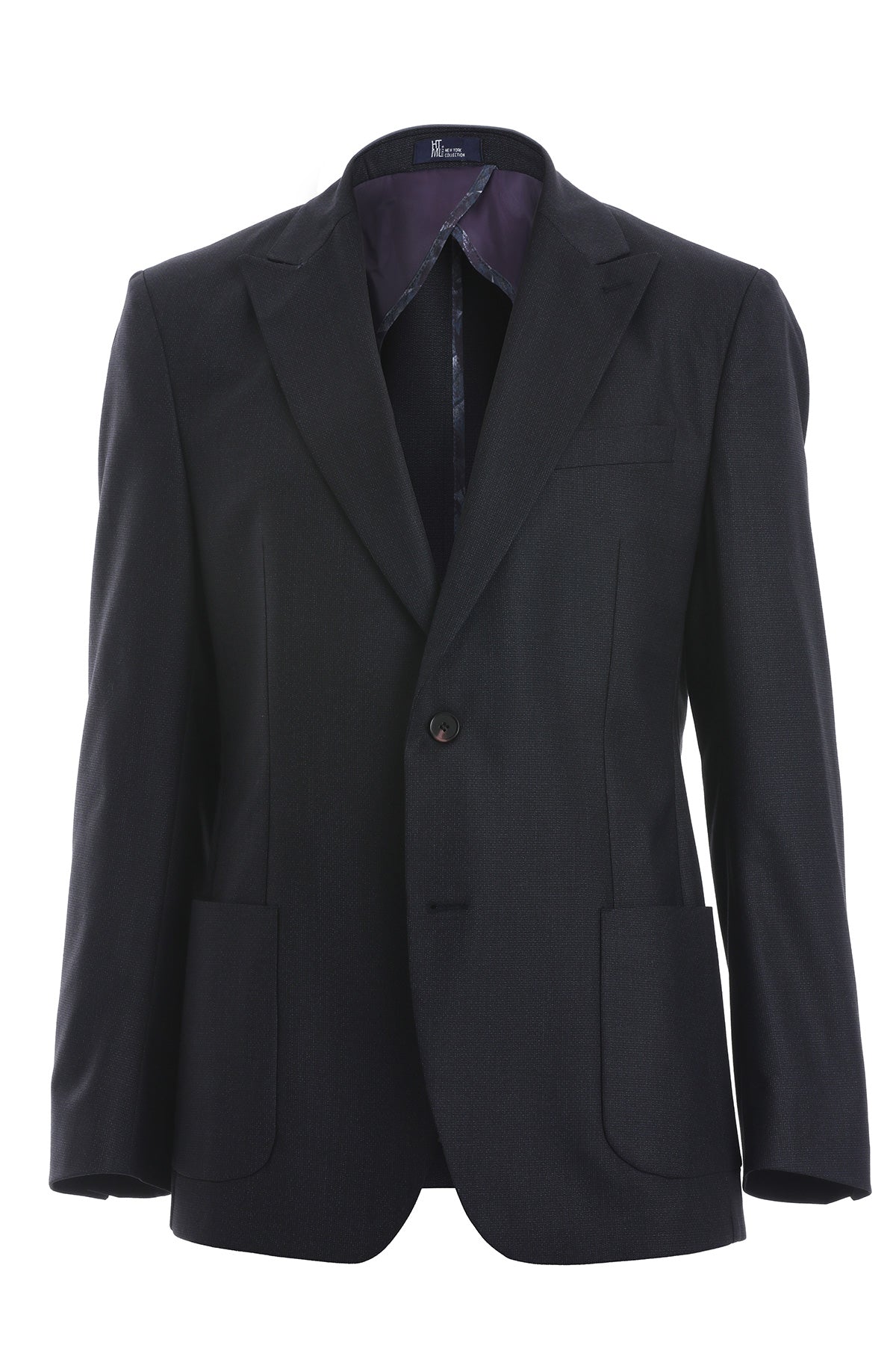 Black wool blazer with notched lapels and two front flap pockets.