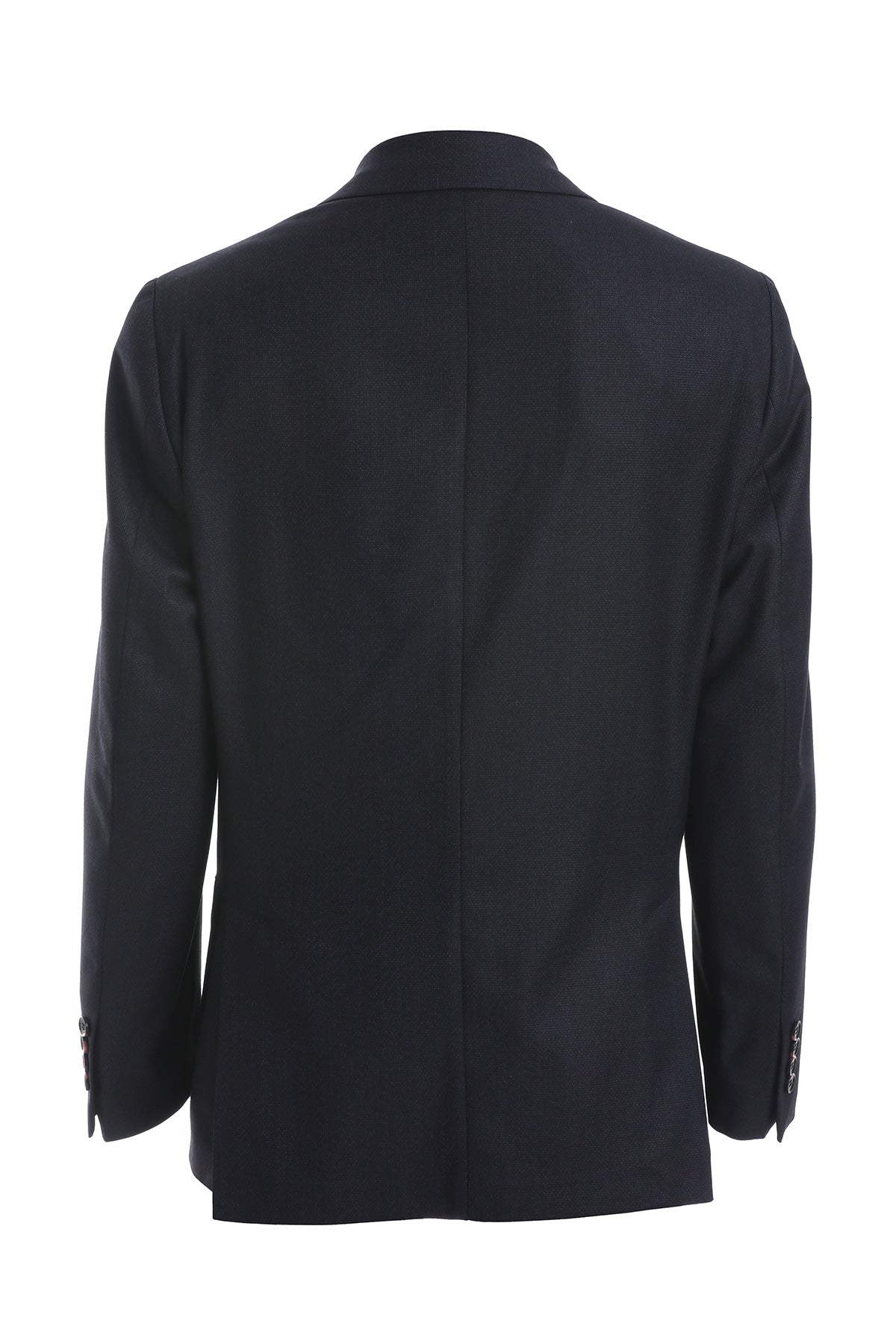 Black tailored blazer with a sleek, structured silhouette and subtle sheen.