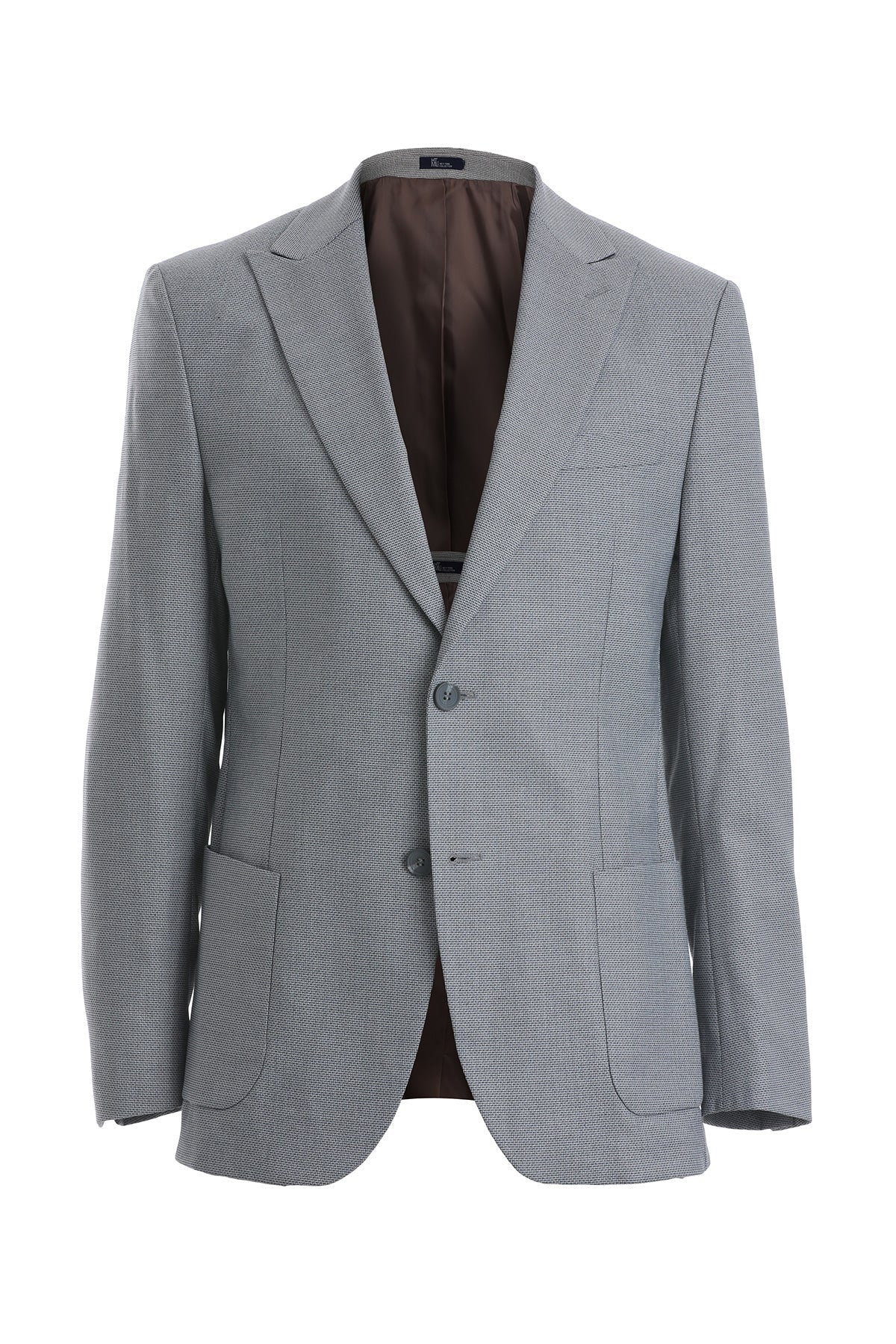 Gray textured wool blazer with subtle herringbone pattern and dark brown inner lining.