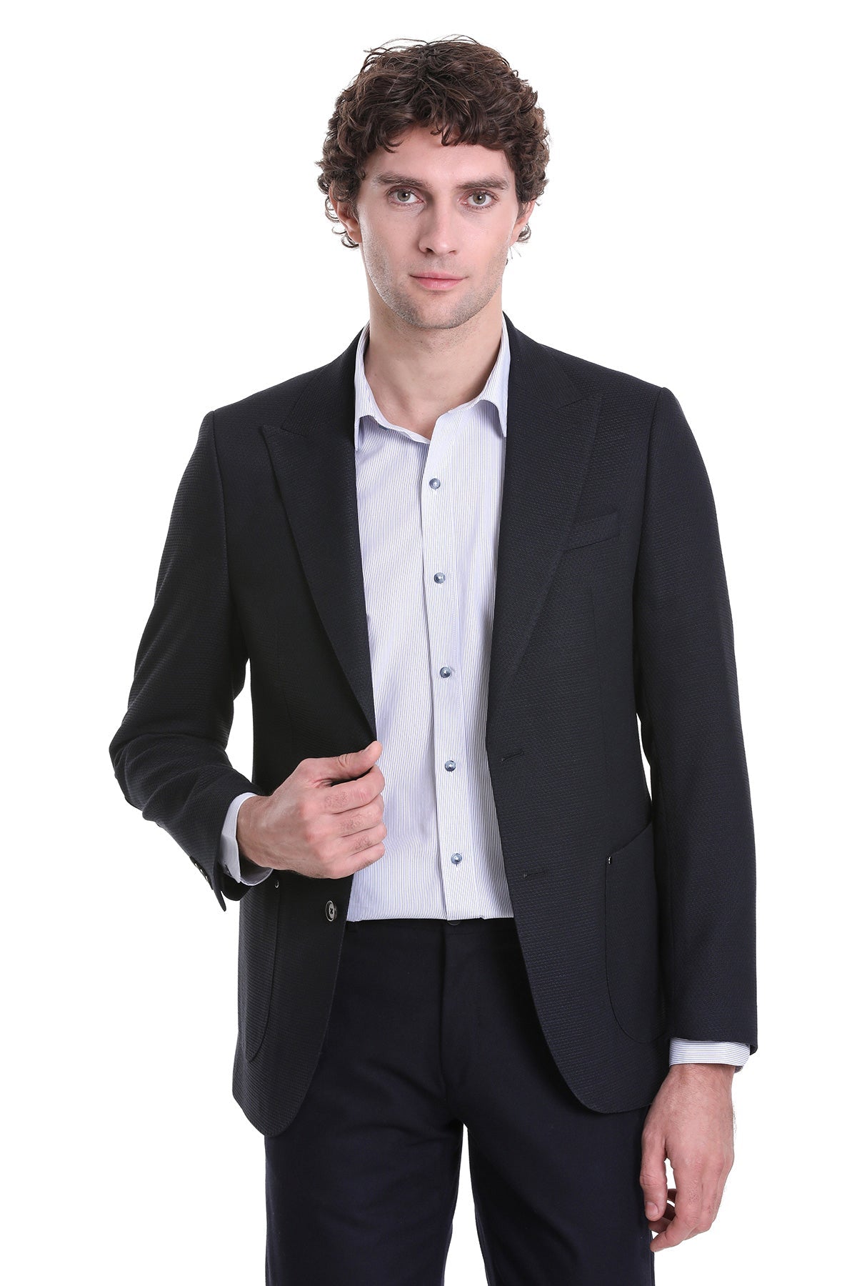 Comfort Fit Peak Lapel Navy Classic Blazer - SAYKI