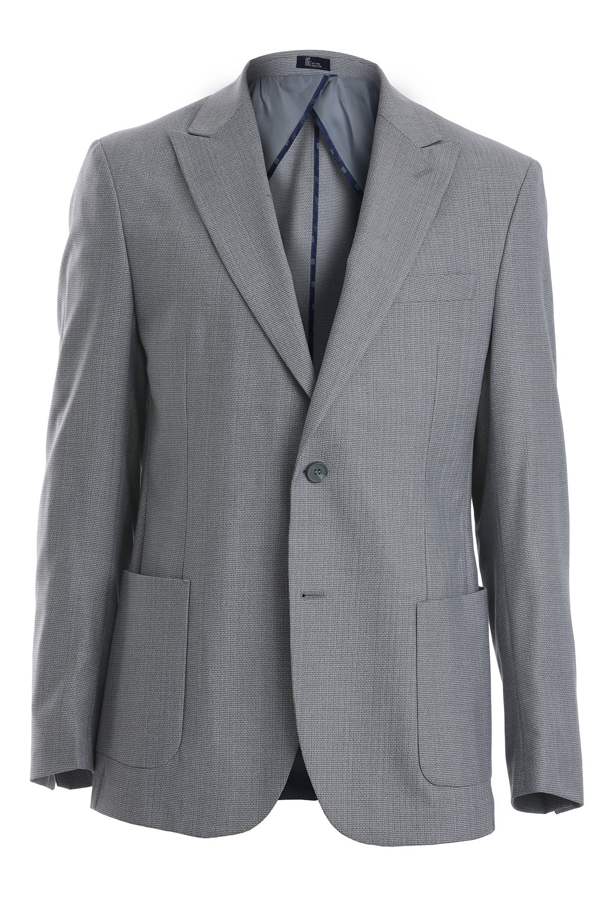 A tailored gray blazer with a subtle herringbone weave and notched lapels.