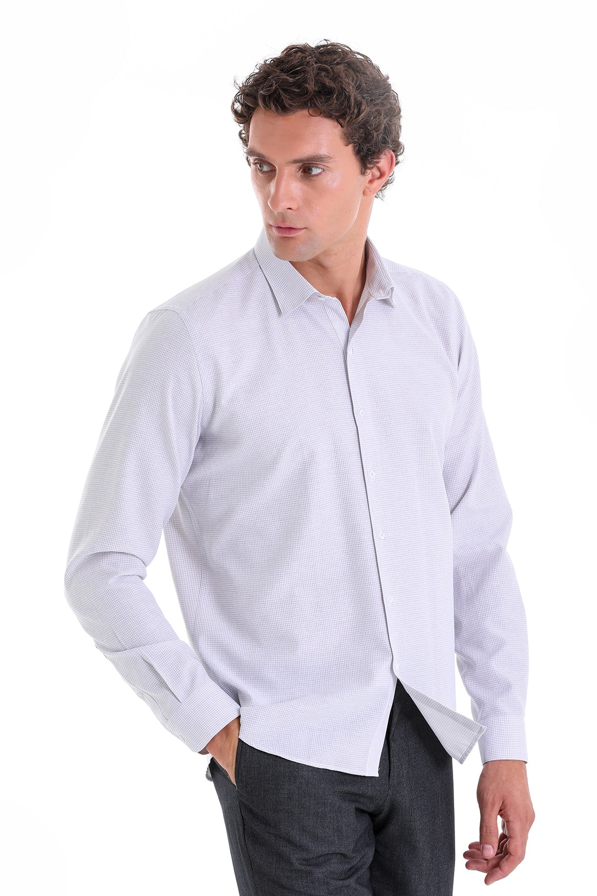 A crisp white long-sleeved dress shirt with a subtle textured pattern.