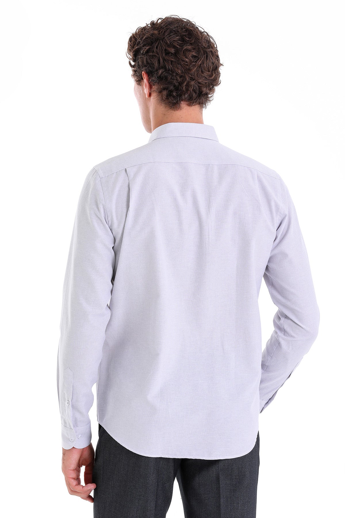 A light blue and white checkered long-sleeved dress shirt with a classic collar.