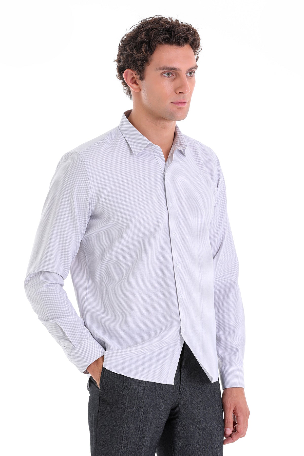 A light blue and white fine checkered long-sleeve dress shirt with a classic collar.