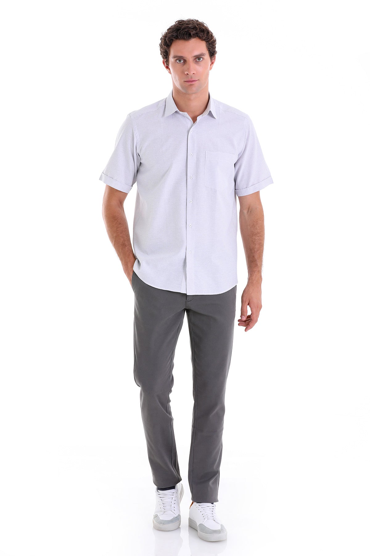 Comfort Fit Pin Check Cotton Blend Gray Dress Shirt - SAYKI