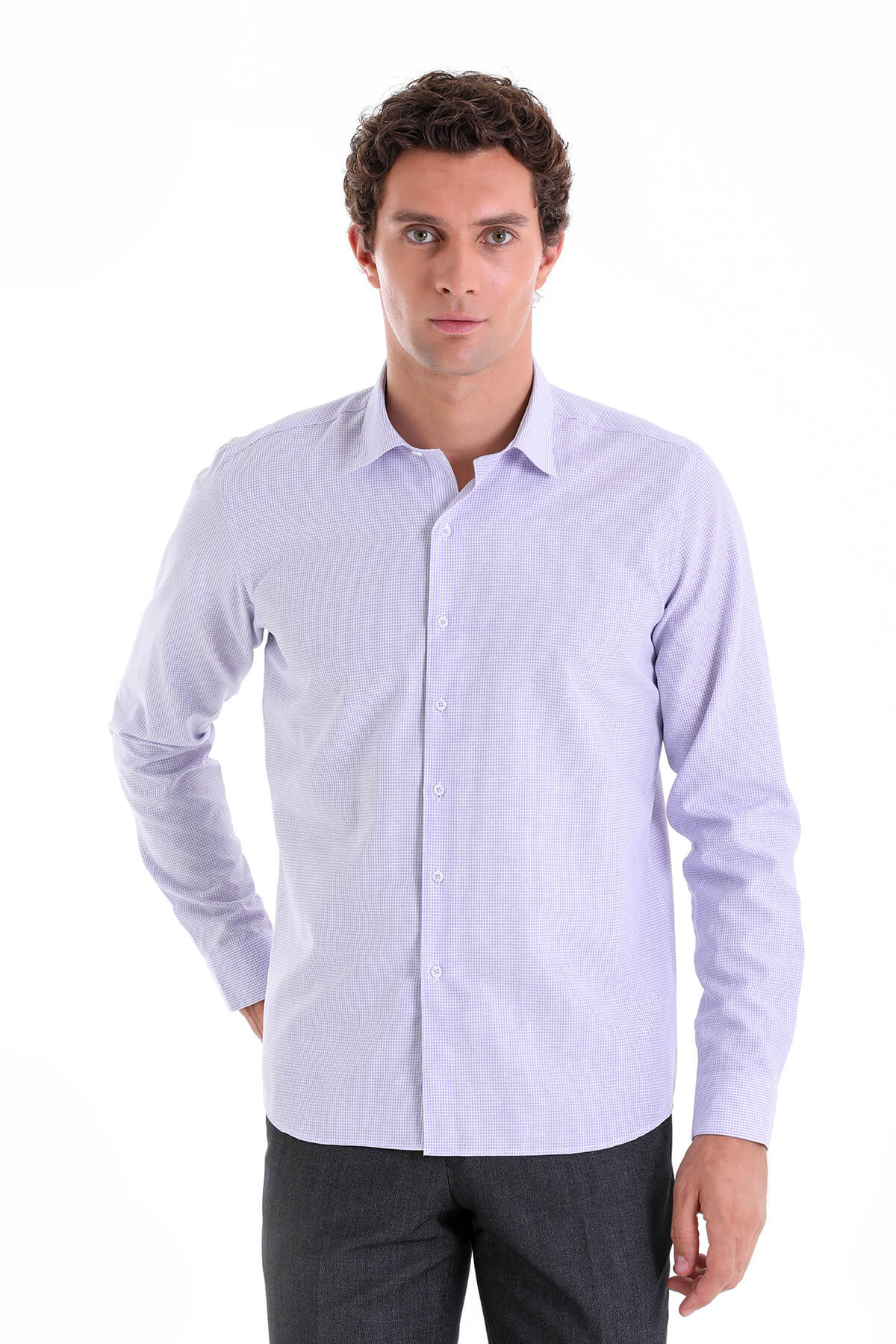 Comfort Fit Pin Check Cotton Blend Lilac Casual Shirt