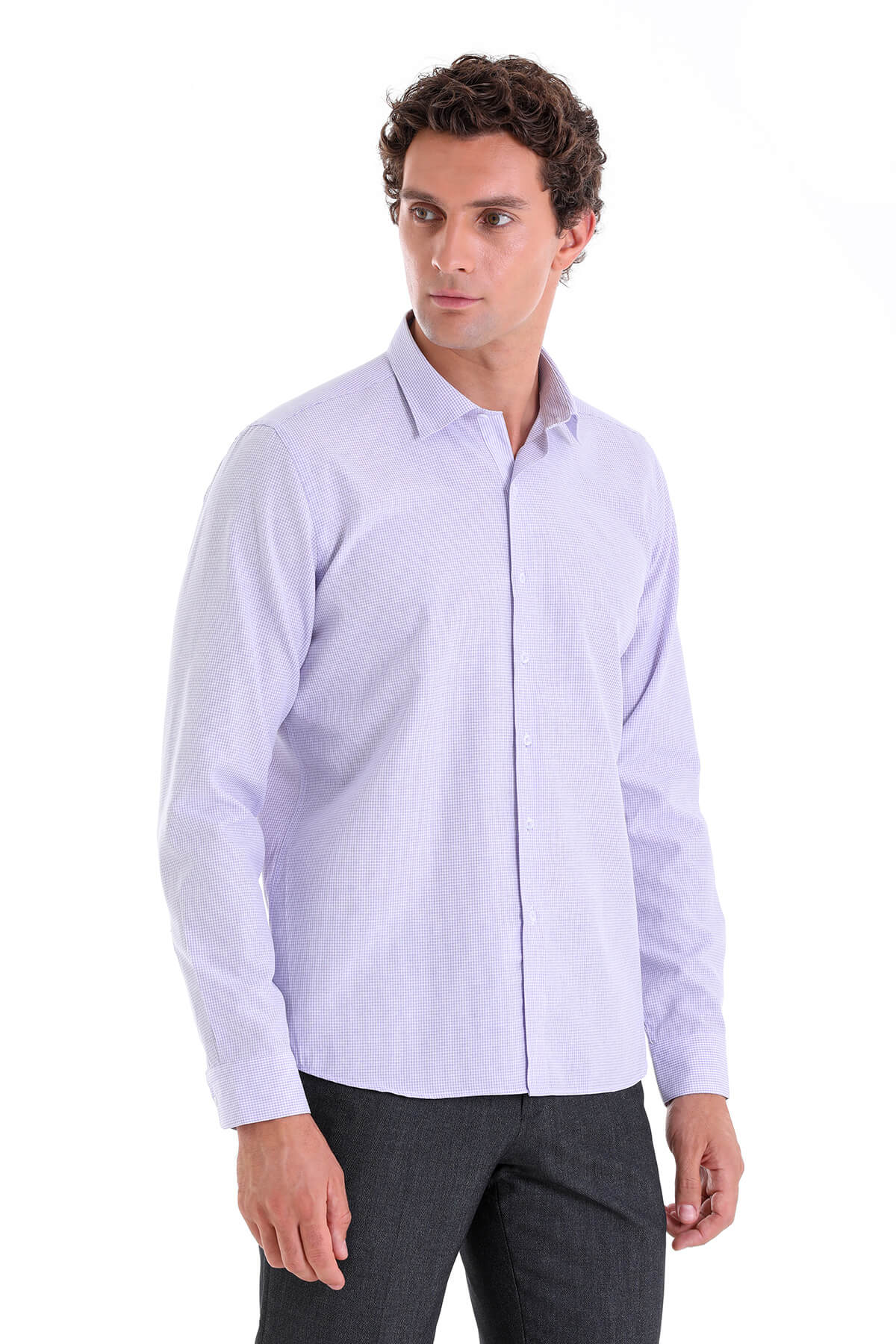 Comfort Fit Pin Check Cotton Blend Lilac Casual Shirt