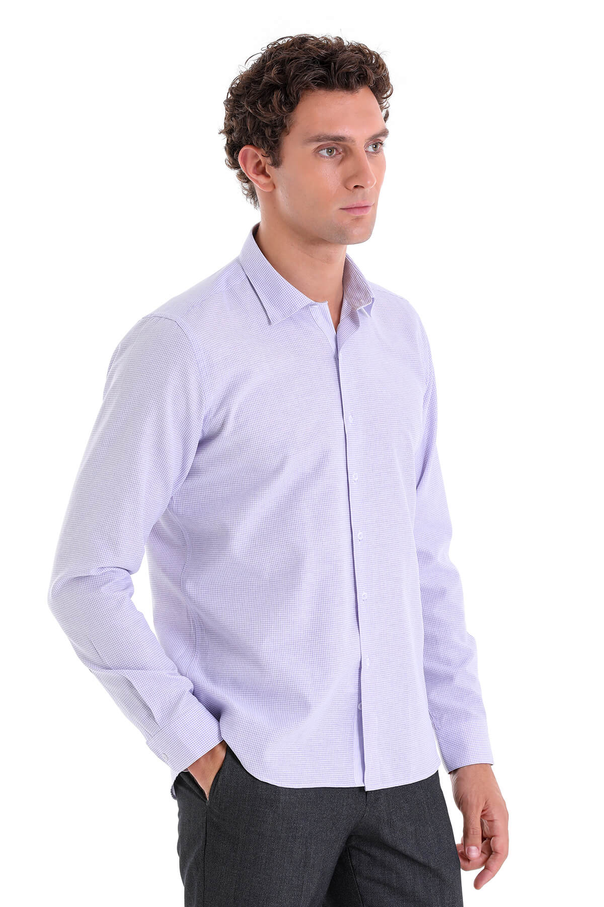 Comfort Fit Pin Check Cotton Blend Lilac Casual Shirt