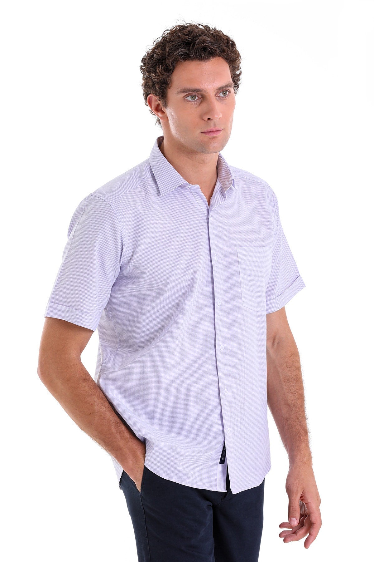 Comfort Fit Pin Check Cotton Blend Lilac Dress Shirt - SAYKI