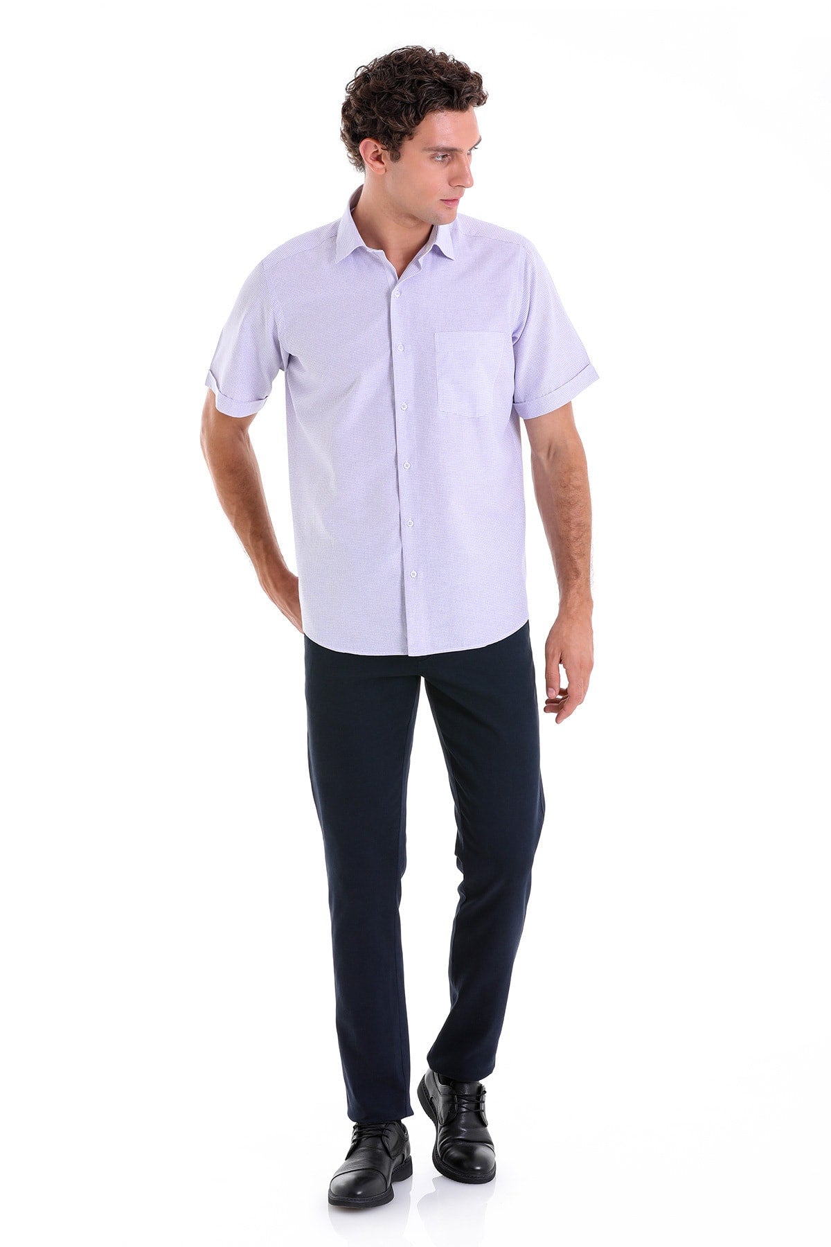 Comfort Fit Pin Check Cotton Blend Lilac Dress Shirt - SAYKI