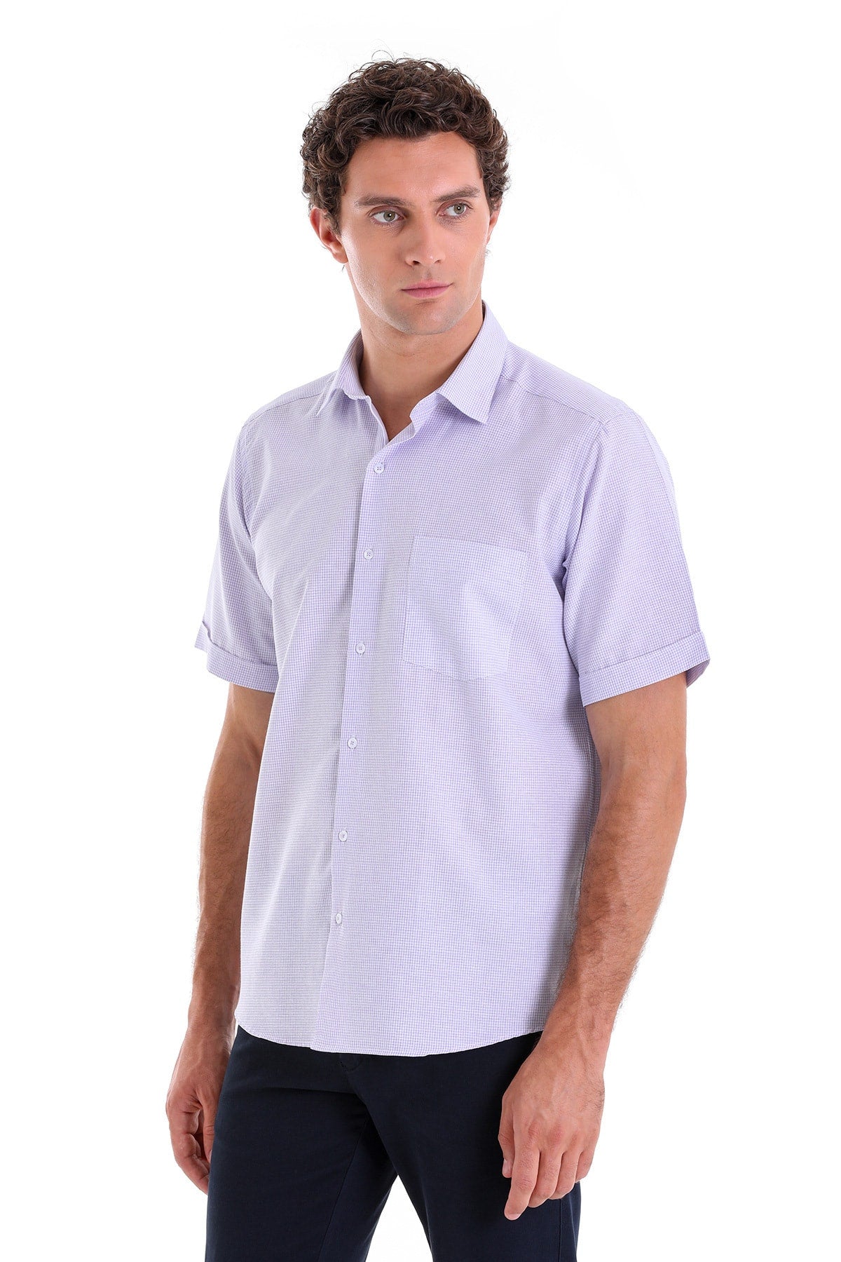 Comfort Fit Pin Check Cotton Blend Lilac Dress Shirt - SAYKI