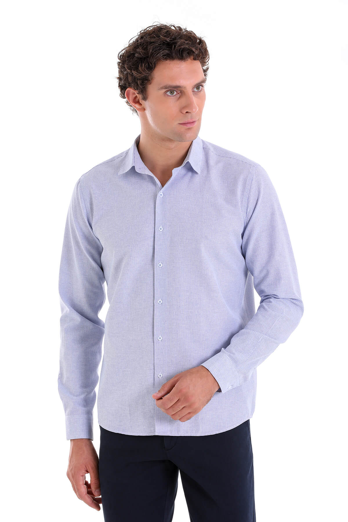 A light blue and white checkered long-sleeved dress shirt with a classic collar.