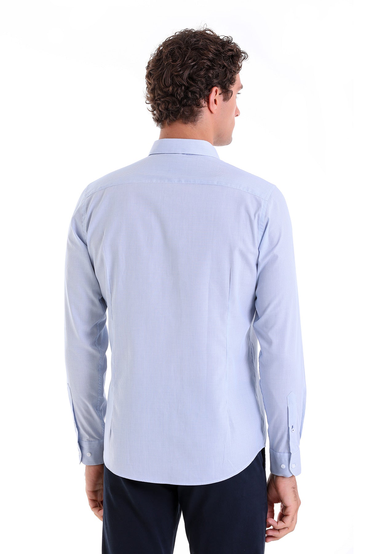 Light blue, long-sleeved men’s dress shirt with a classic collar and buttoned cuffs.