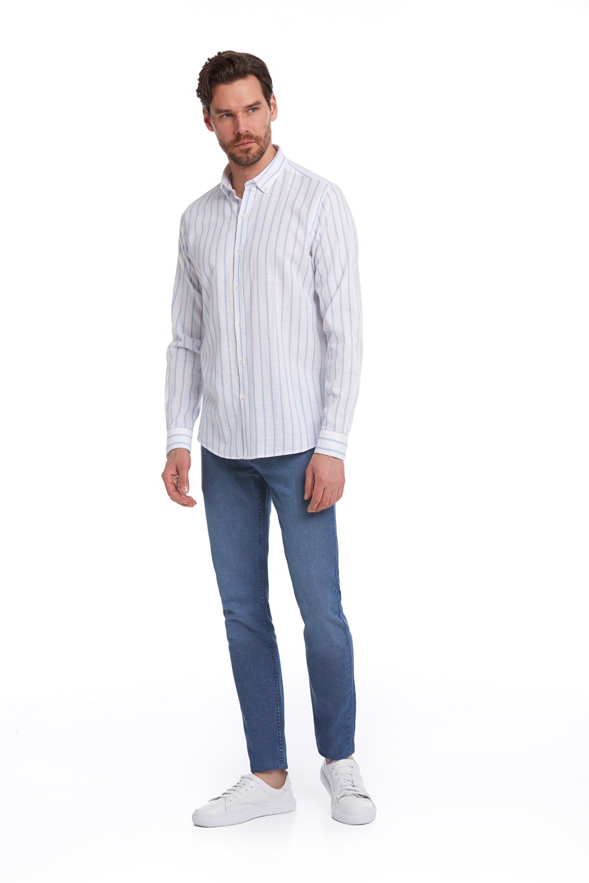 Comfort Fit Pinstripe Cotton Light Blue Casual Shirt - SAYKI