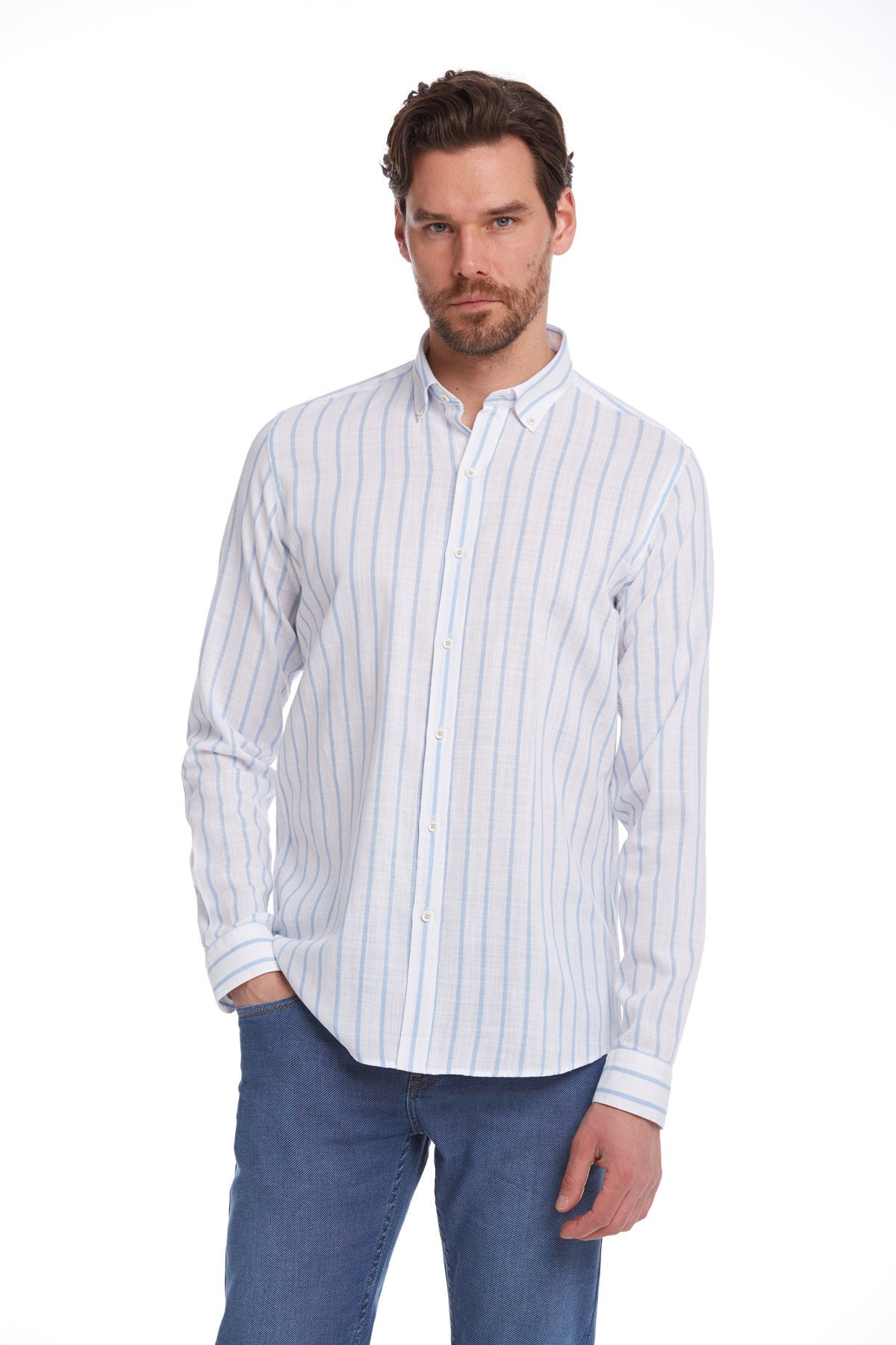 Comfort Fit Pinstripe Cotton Light Blue Casual Shirt - SAYKI