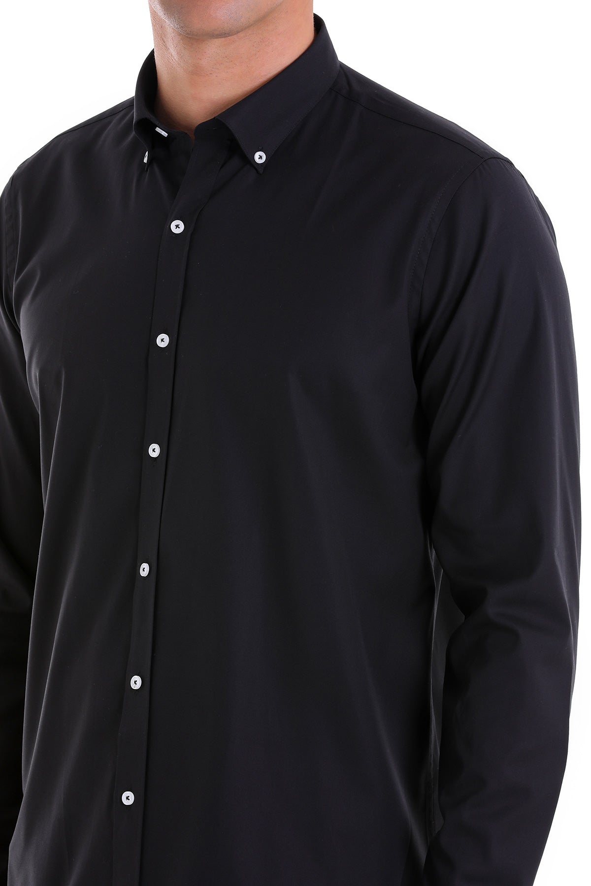 Black button-down shirt with white buttons and a crisp collar.
