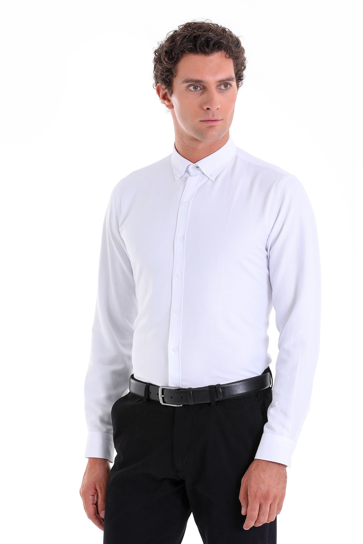 Comfort Fit Plain Cotton Blend White Casual Shirt - SAYKI