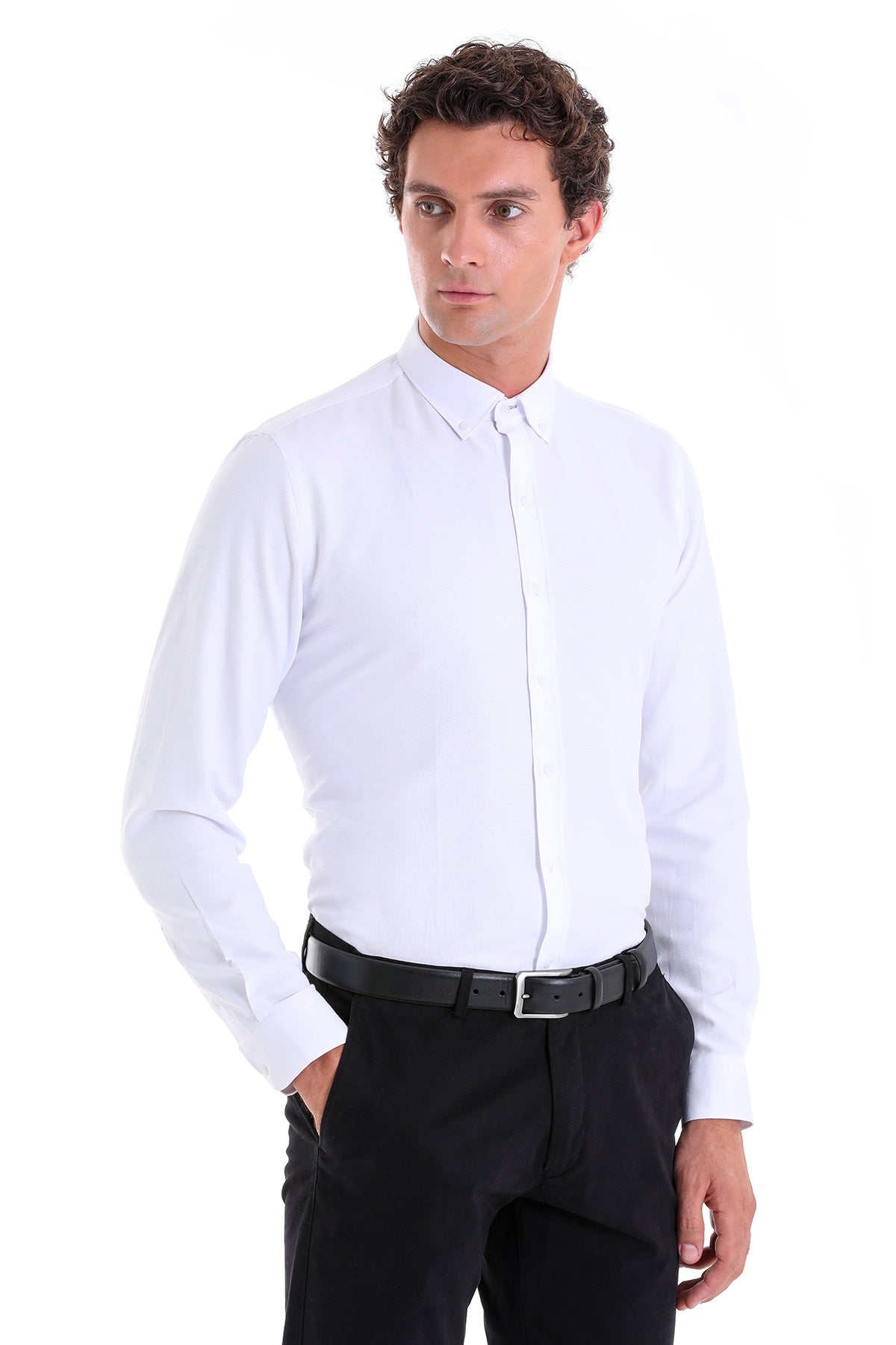 Comfort Fit Plain Cotton Blend White Casual Shirt - SAYKI