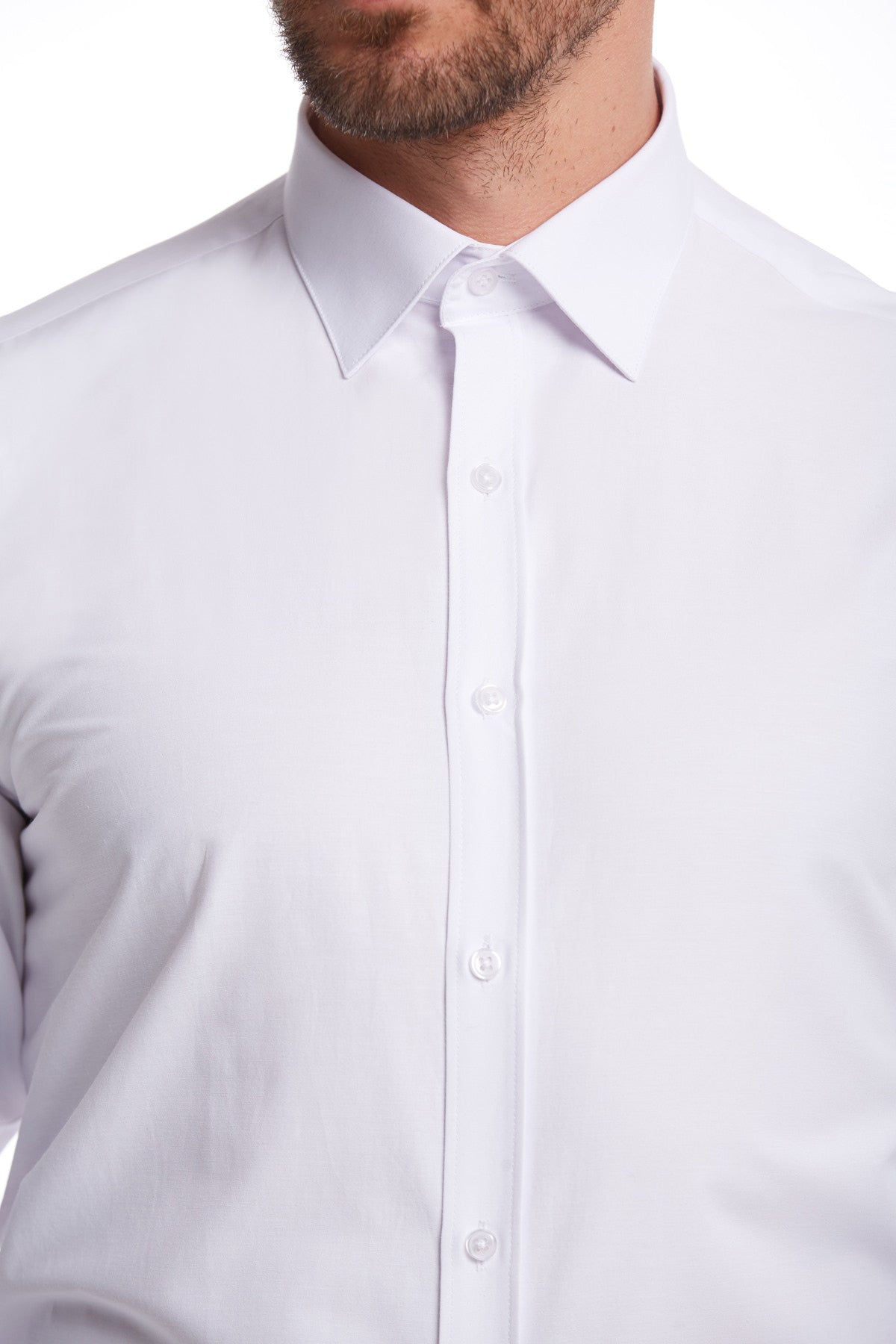 Comfort Fit Plain Cotton Blend White Dress Shirt - SAYKI