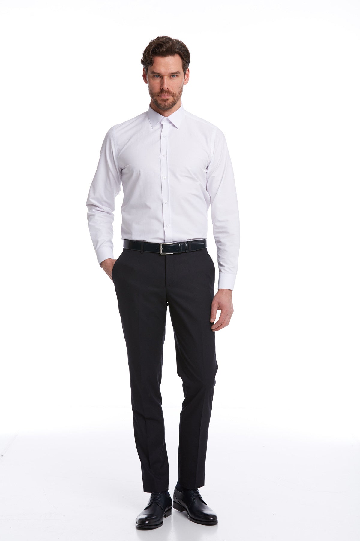 Comfort Fit Plain Cotton Blend White Dress Shirt - SAYKI