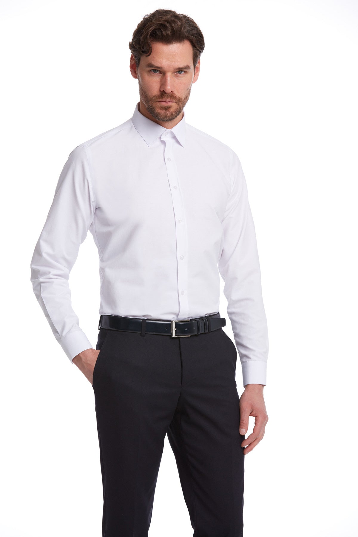 White long-sleeved dress shirt with a classic collar and button-down front.