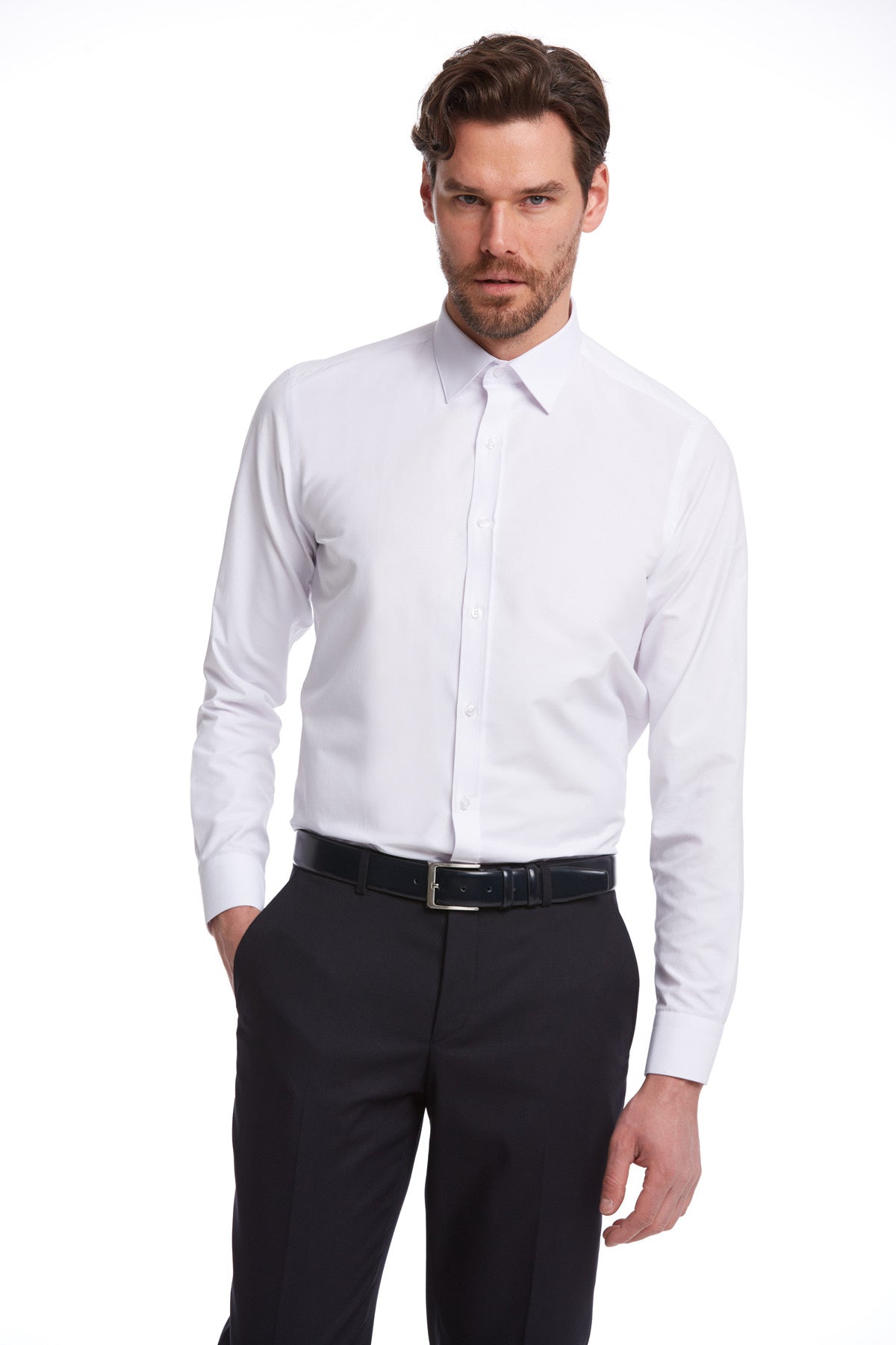 Comfort Fit Plain Cotton Blend White Dress Shirt - SAYKI
