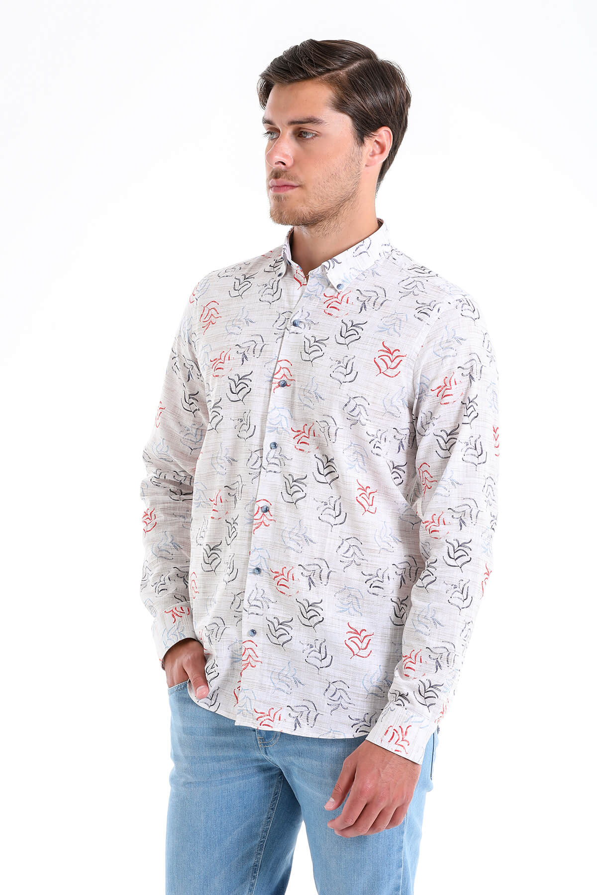 Comfort Fit Printed 100% Cotton Beige Casual Shirt - SAYKI