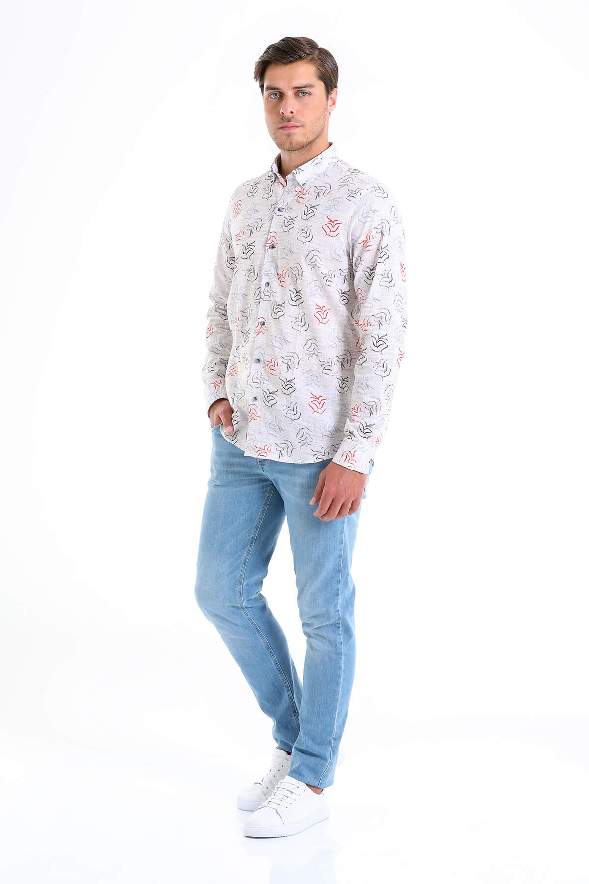 Comfort Fit Printed 100% Cotton Beige Casual Shirt - SAYKI