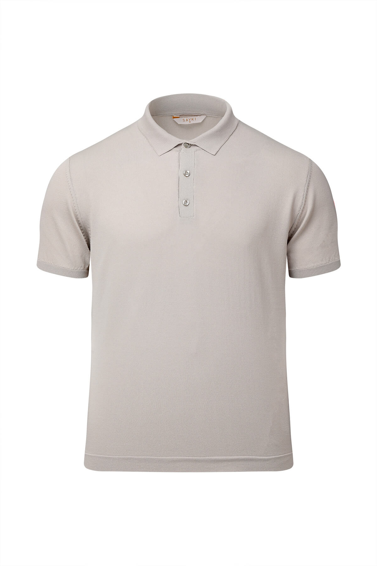 Beige short-sleeved polo shirt with a classic collar and three-button placket.