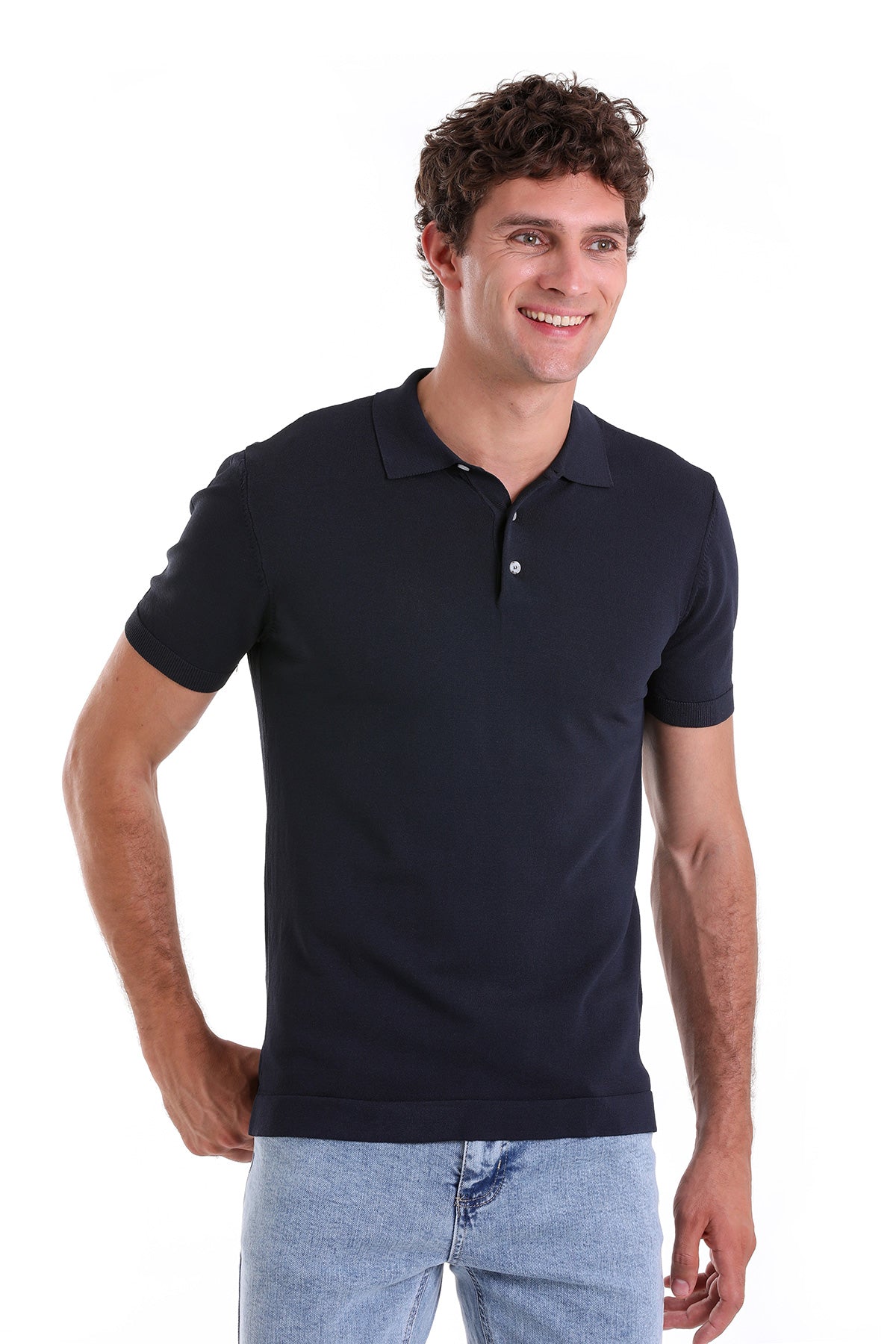 A navy blue short-sleeved polo shirt with a classic collar and buttoned placket.