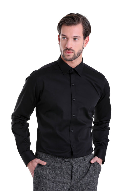 Black long-sleeved men’s dress shirt with a classic collar and button-down front.