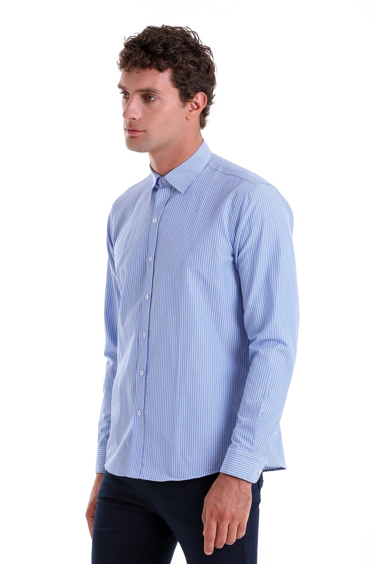 Comfort Fit Striped Cotton Blend Blue Dress Shirt - SAYKI