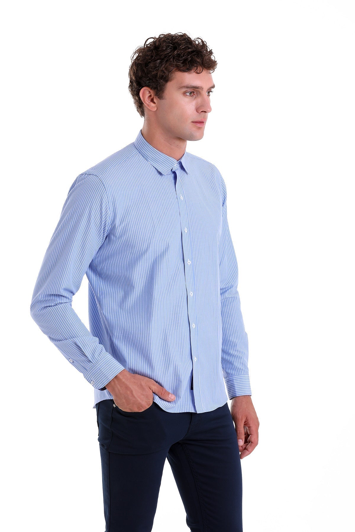 Comfort Fit Striped Cotton Blend Blue Dress Shirt - SAYKI