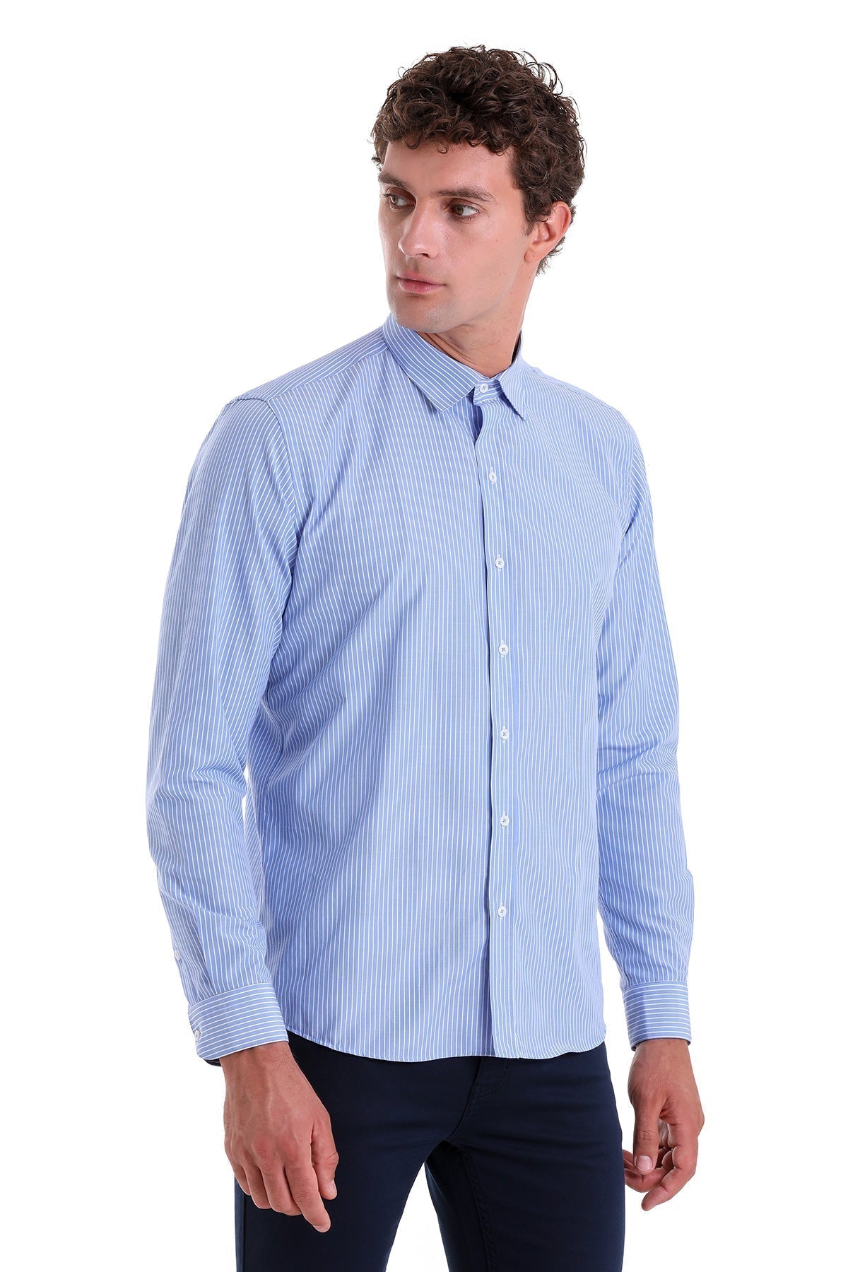 Comfort Fit Striped Cotton Blend Blue Dress Shirt - SAYKI