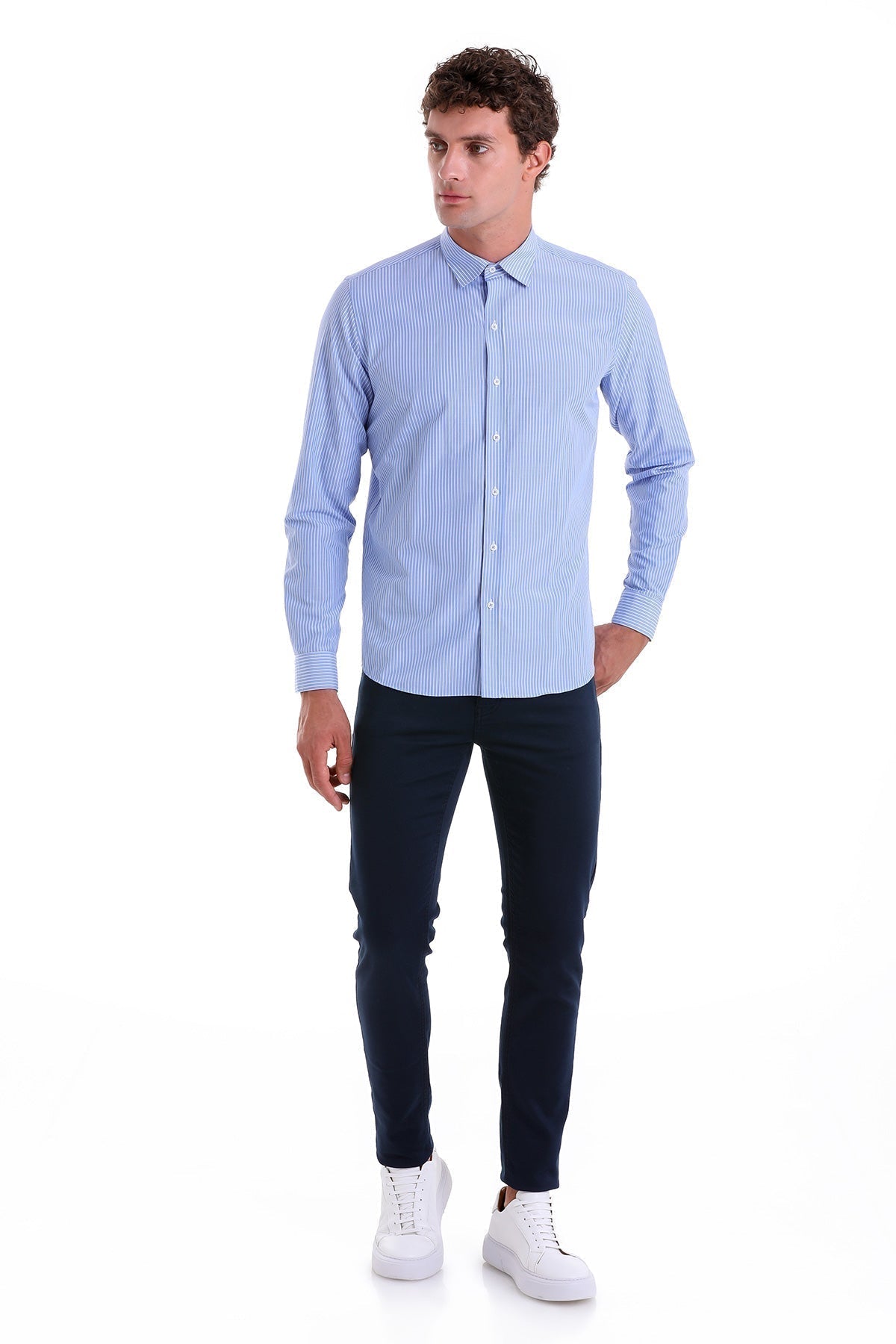 Comfort Fit Striped Cotton Blend Blue Dress Shirt - SAYKI