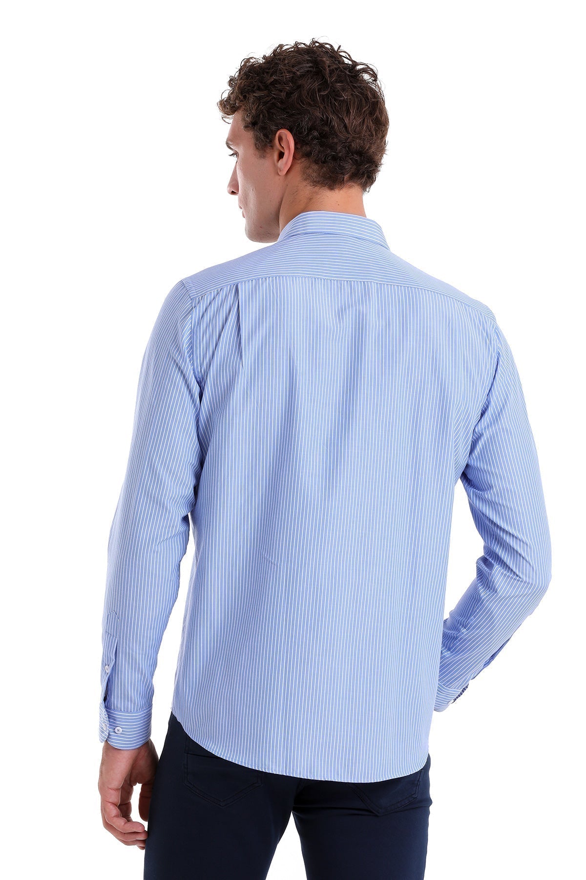 Comfort Fit Striped Cotton Blend Blue Dress Shirt - SAYKI