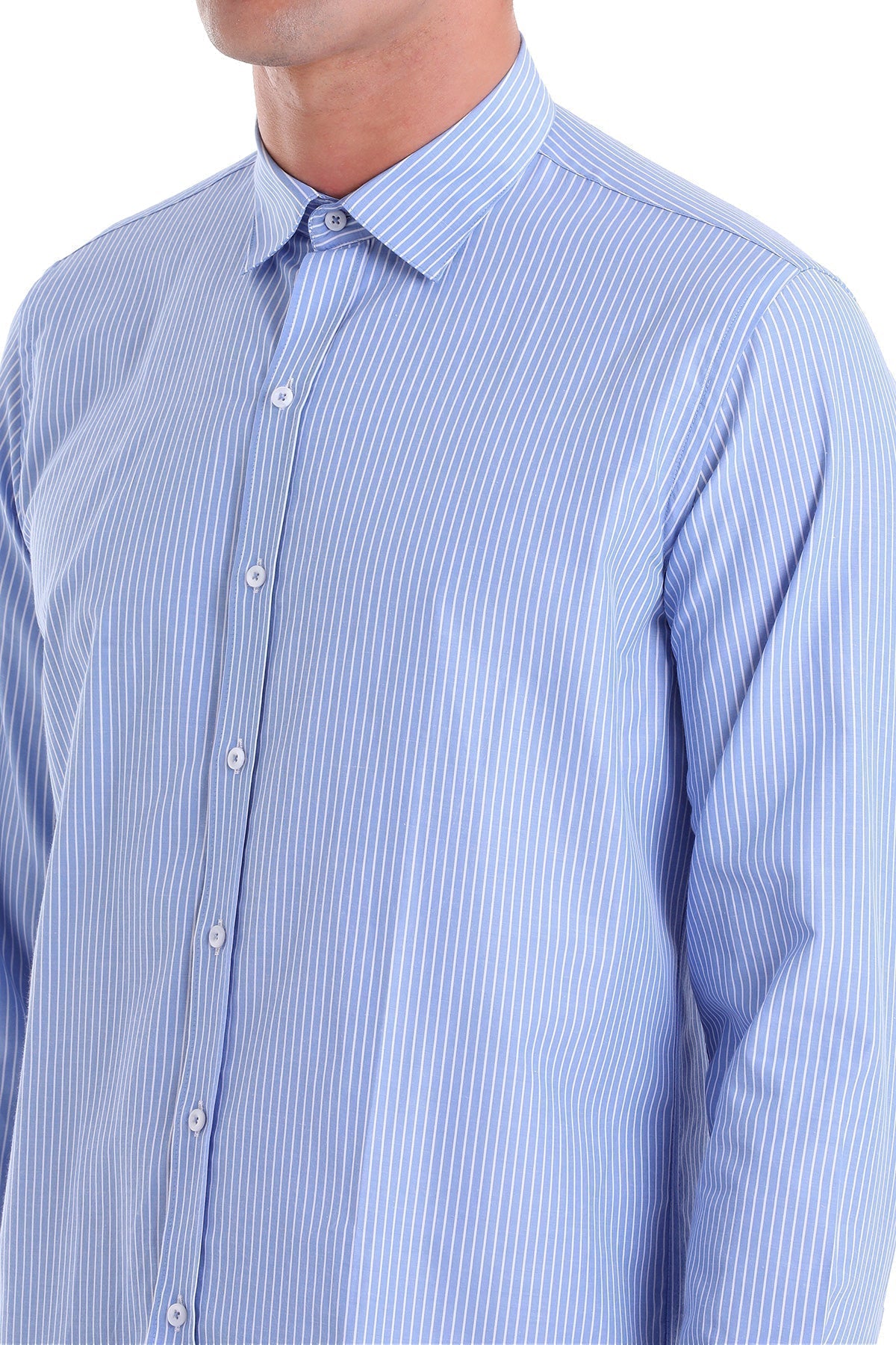 Comfort Fit Striped Cotton Blend Blue Dress Shirt - SAYKI