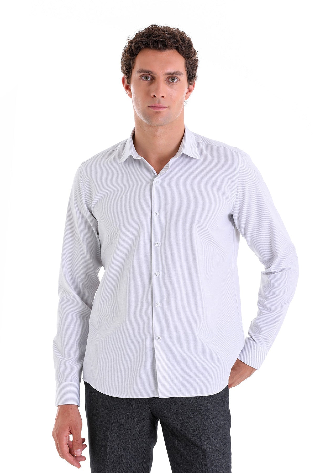 Comfort Fit Striped Cotton Blend Gray Casual Shirt - SAYKI